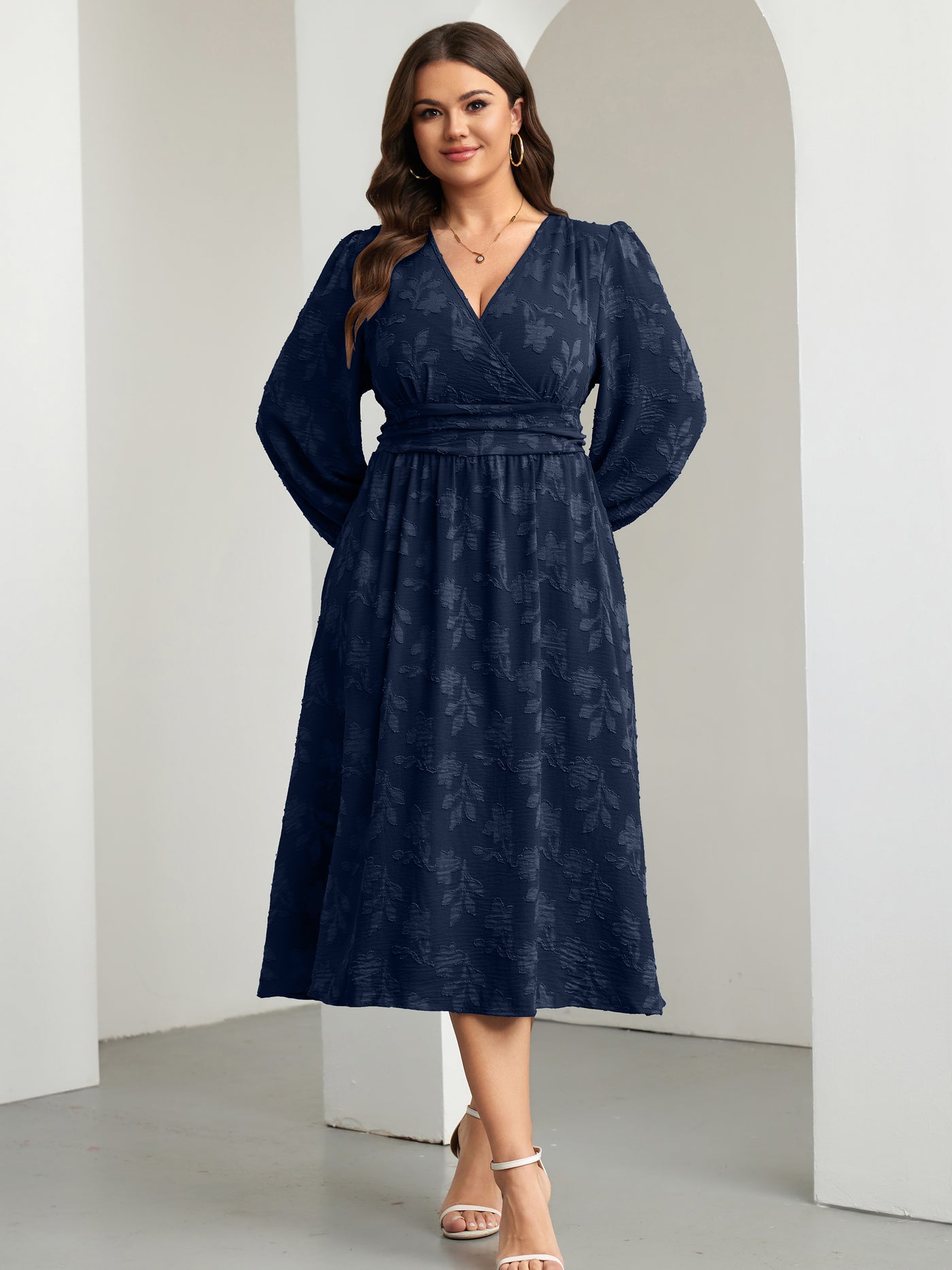 Plus Size Swiss-Dot V-Neck Party Dress — Flower Navy Blue