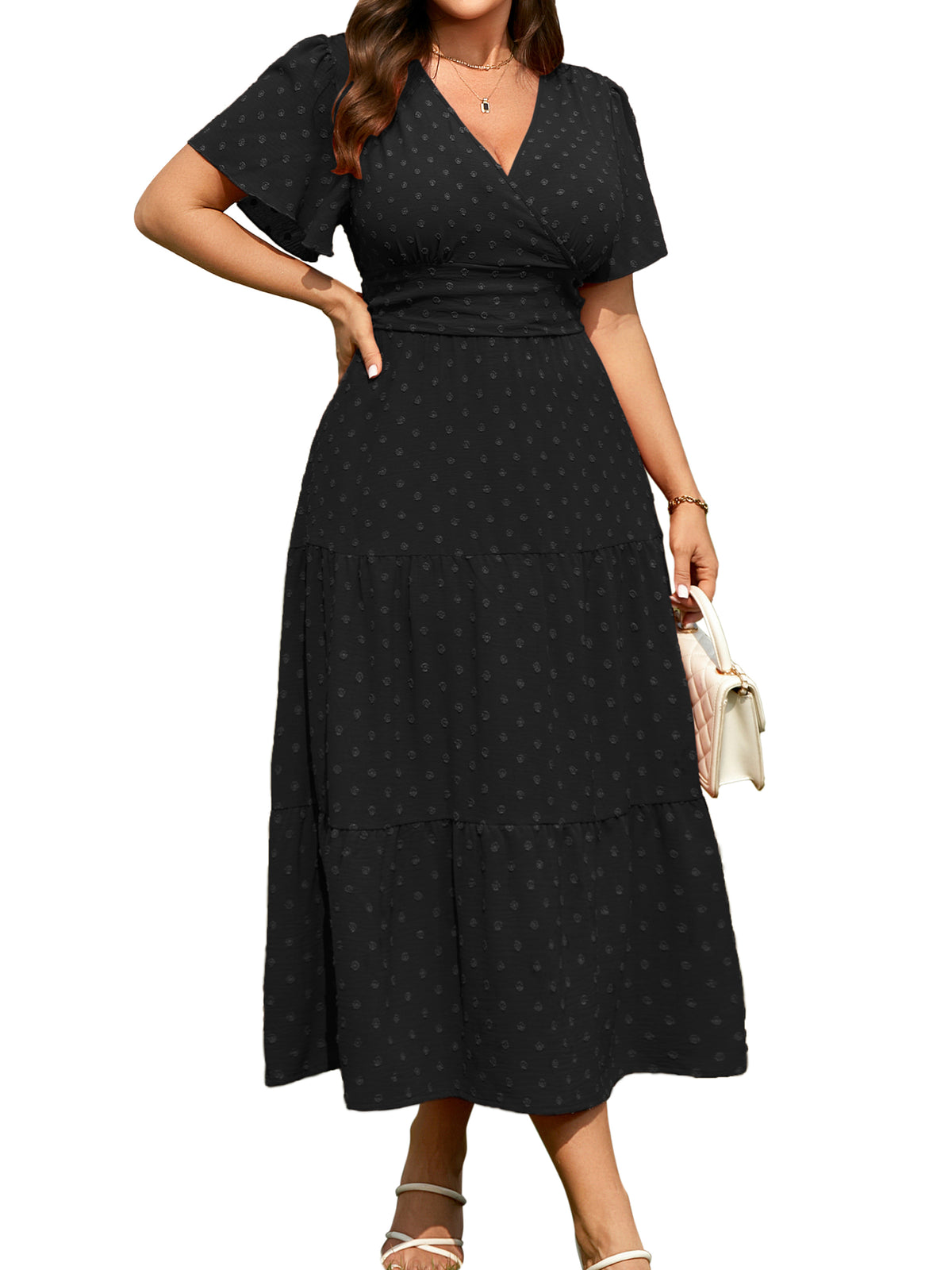 Plus Size Swiss-Dot V-Neck Maxi Dress — Black — 黑.jpg
