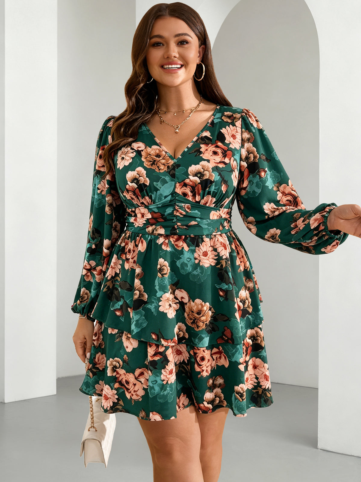 Plus Size V-Neck Tiered Mini Dress — Emerald Green Floral