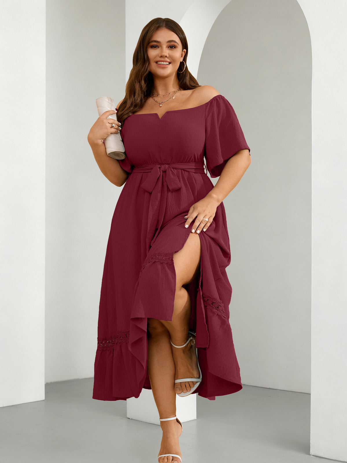 Plus Size Off-Shoulder Floral Maxi Dress — Burgundy