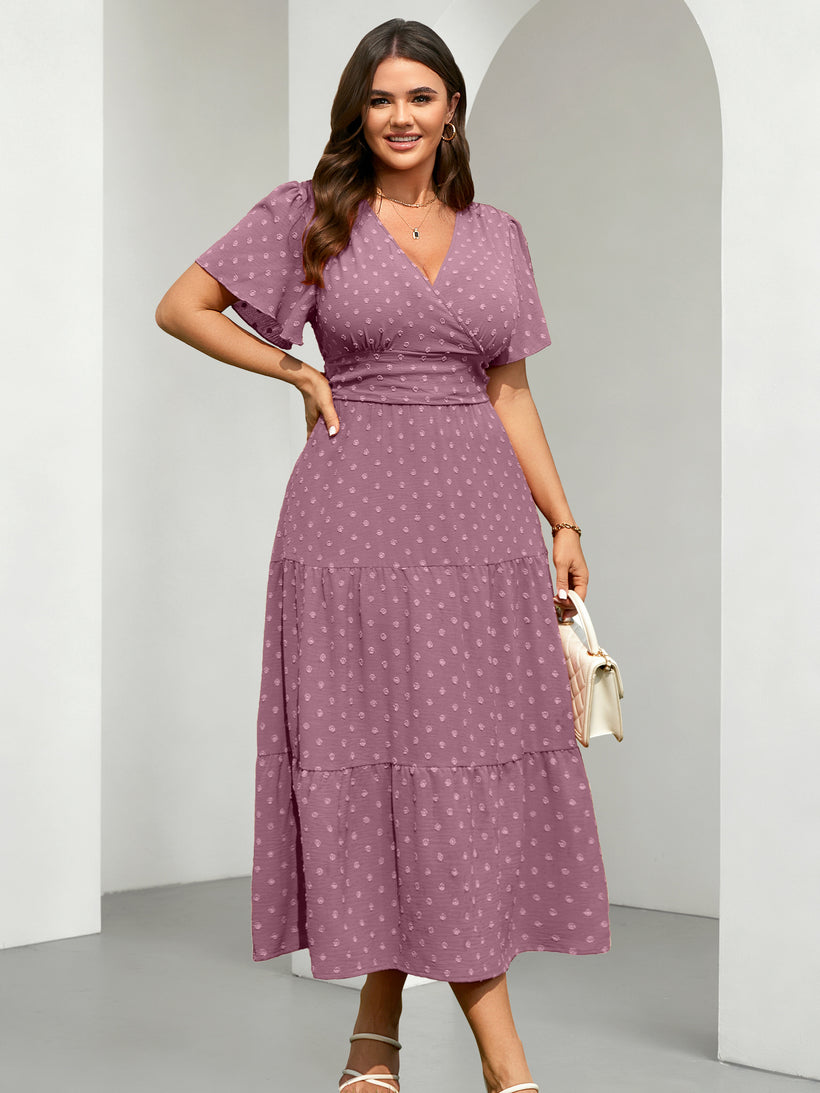 Plus Size Swiss-Dot V-Neck Maxi Dress — Purple