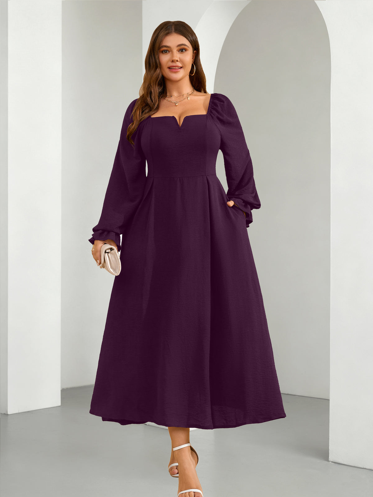 Plus Size Square-Neck Long-Sleeve Maxi Dress — Purple