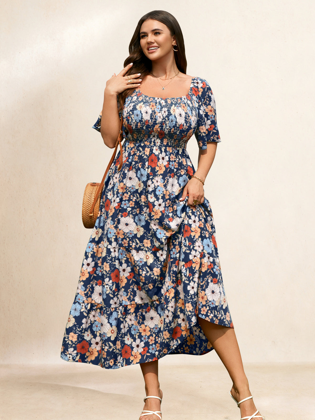 Plus Size Square-Neck Flutter-Sleeve Maxi Dress — Navy Blue Floral