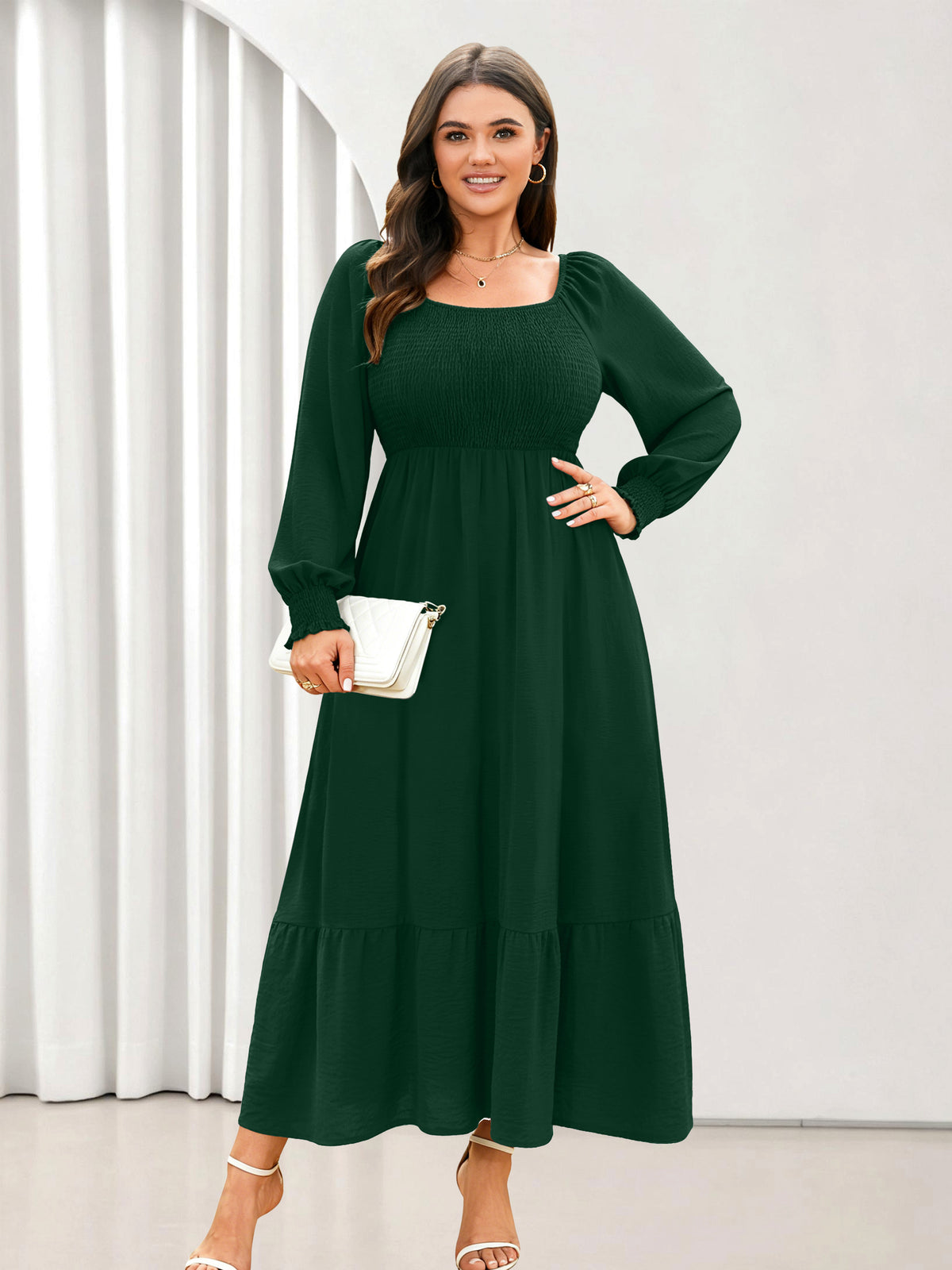Plus Size Floral Long-Sleeve Maxi Dress — Green