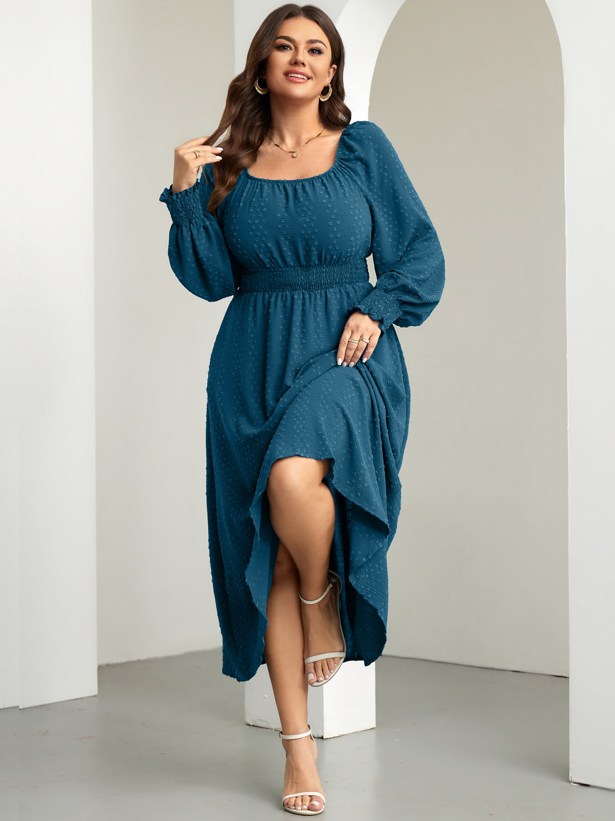 Plus Size Square-Neck Long-Sleeve Maxi Dress — Lake Blue