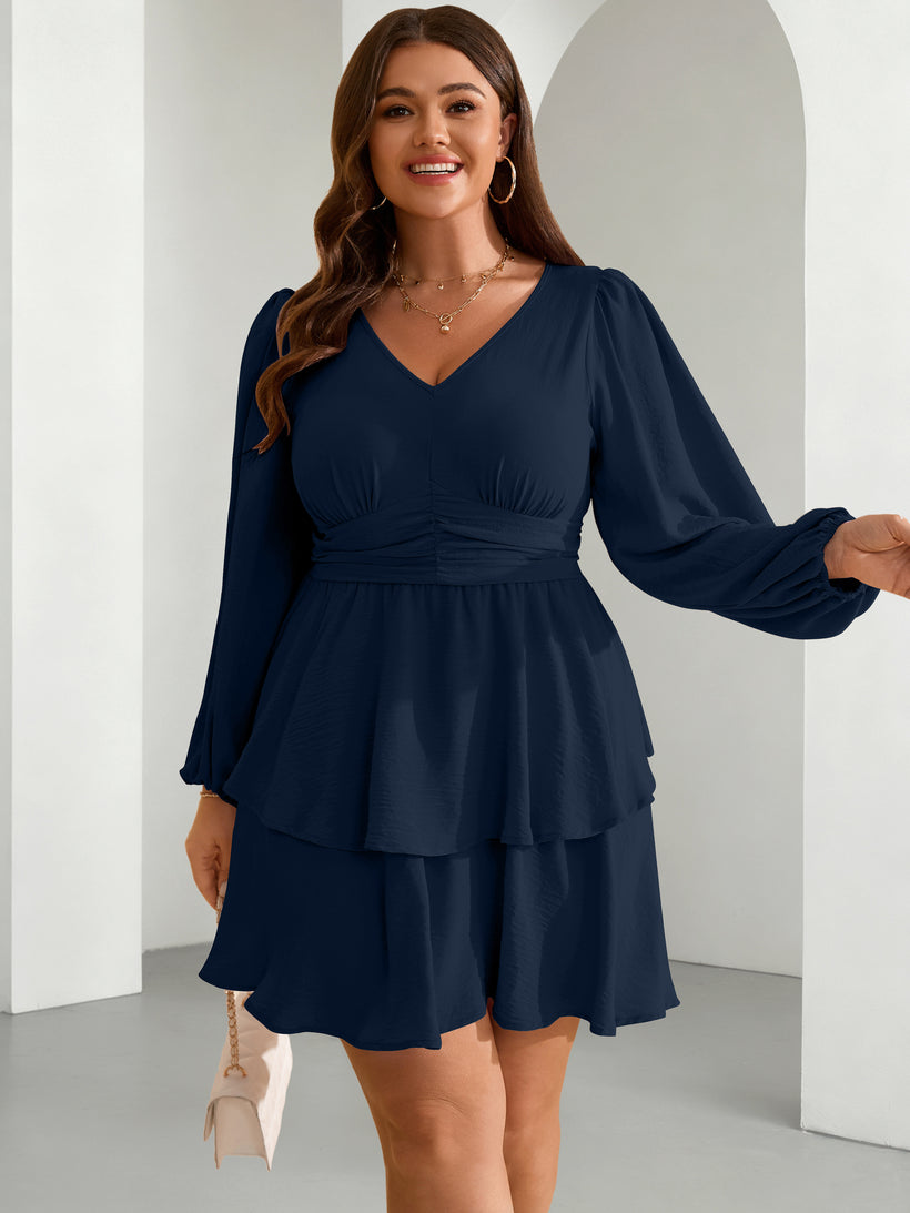 Plus Size V-Neck Tiered Mini Dress — Navy Blue
