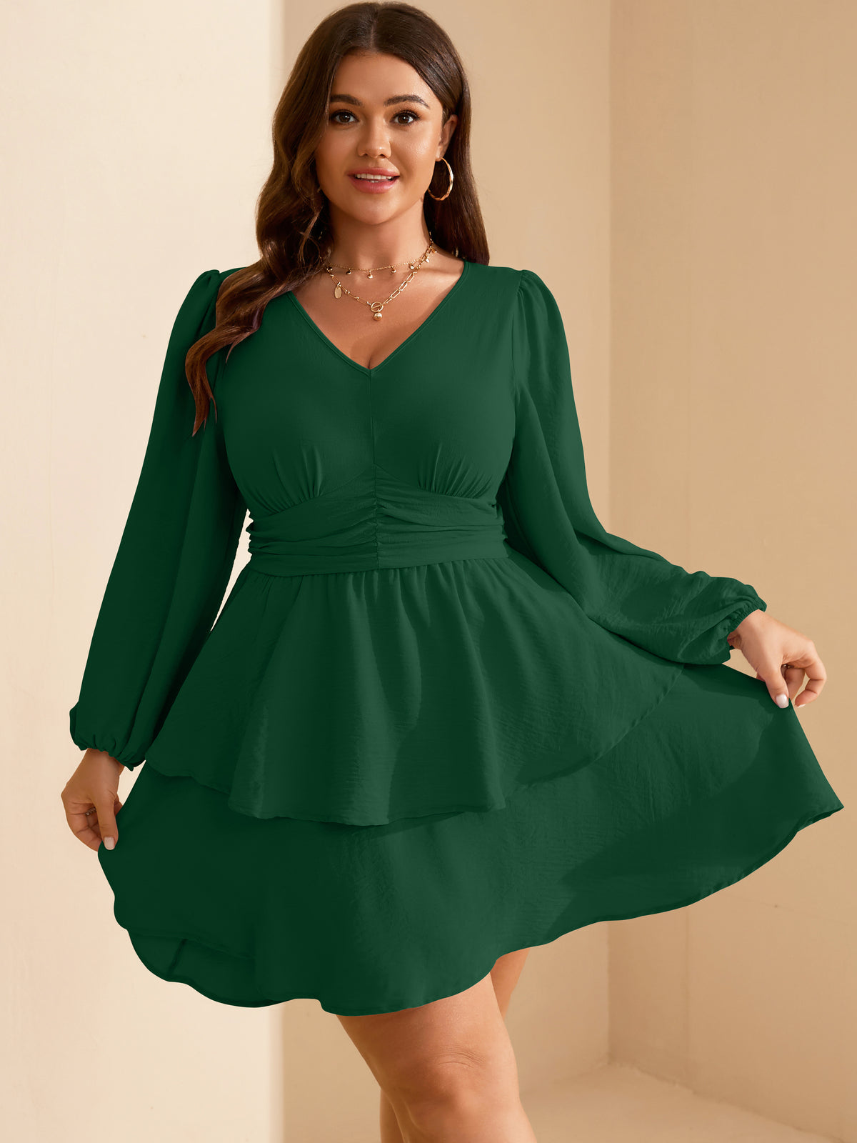Plus Size V-Neck Tiered Mini Dress — Green