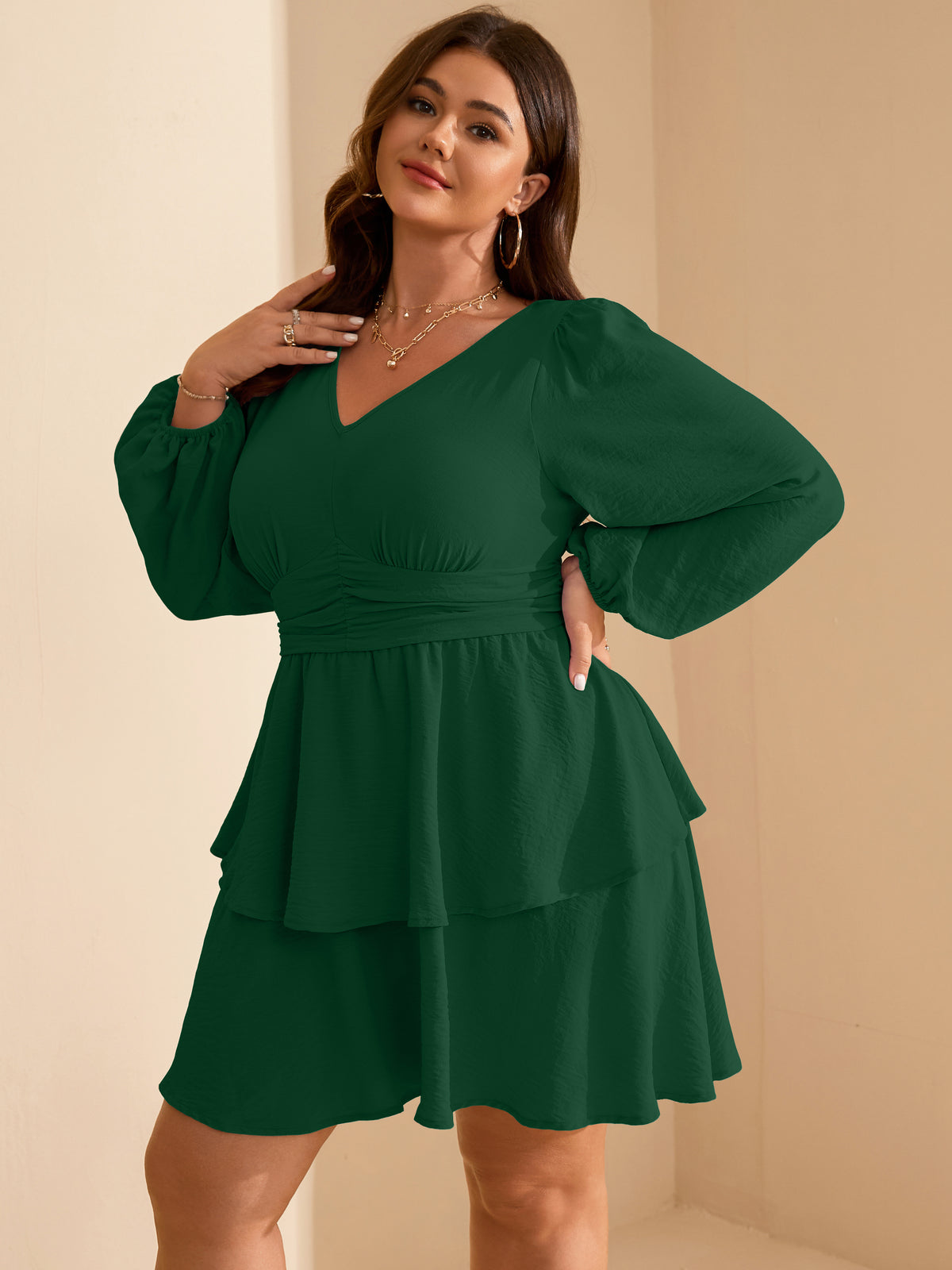 Plus Size V-Neck Tiered Mini Dress — Green