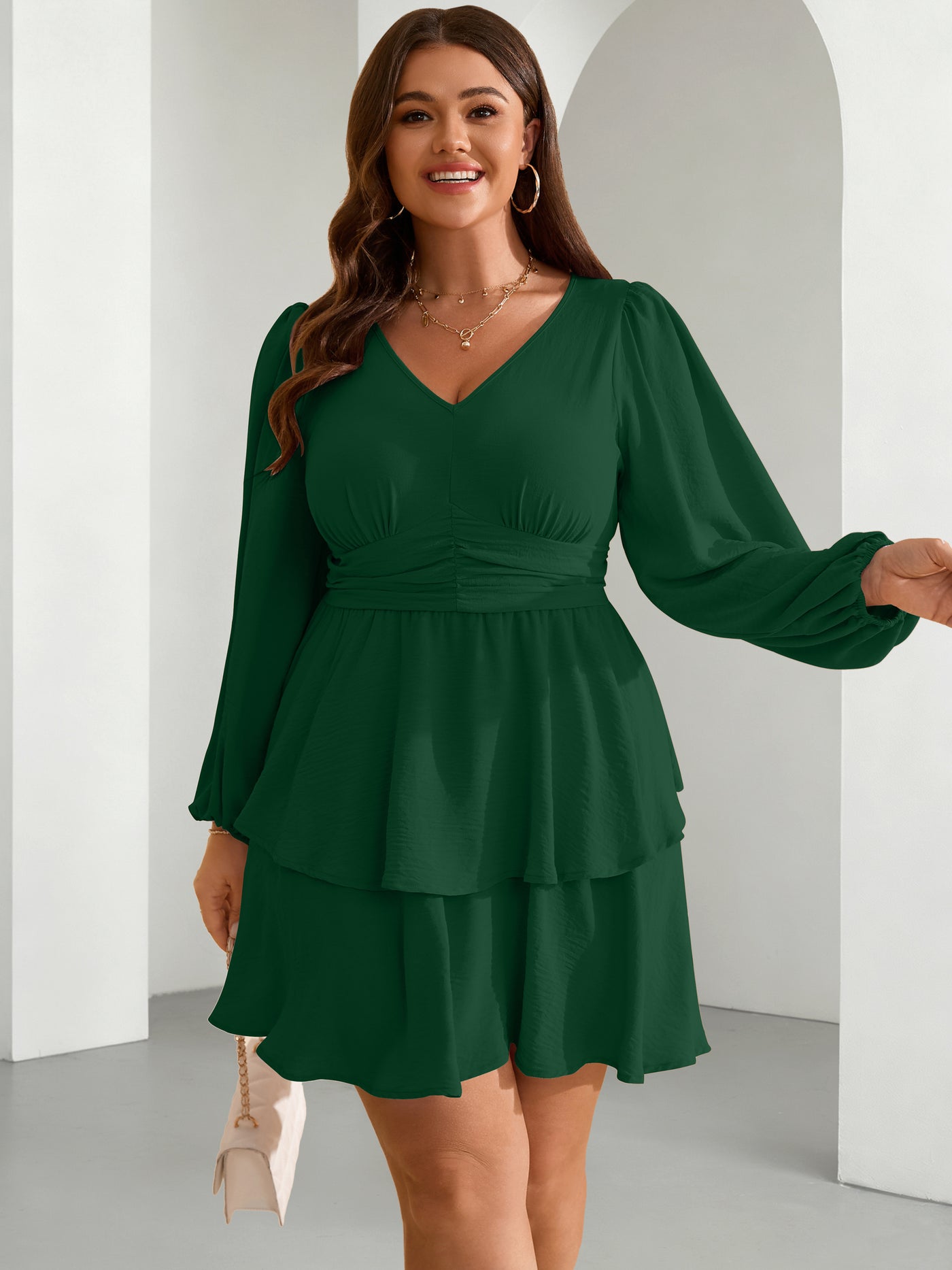 Plus Size V-Neck Tiered Mini Dress — Green