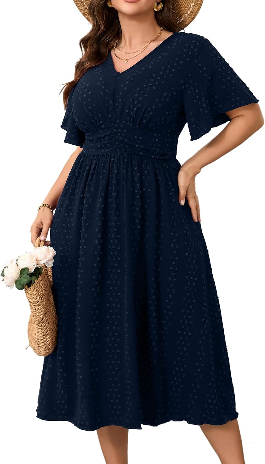 Plus Size Swiss-Dot V-Neck Maxi Dress — Blue