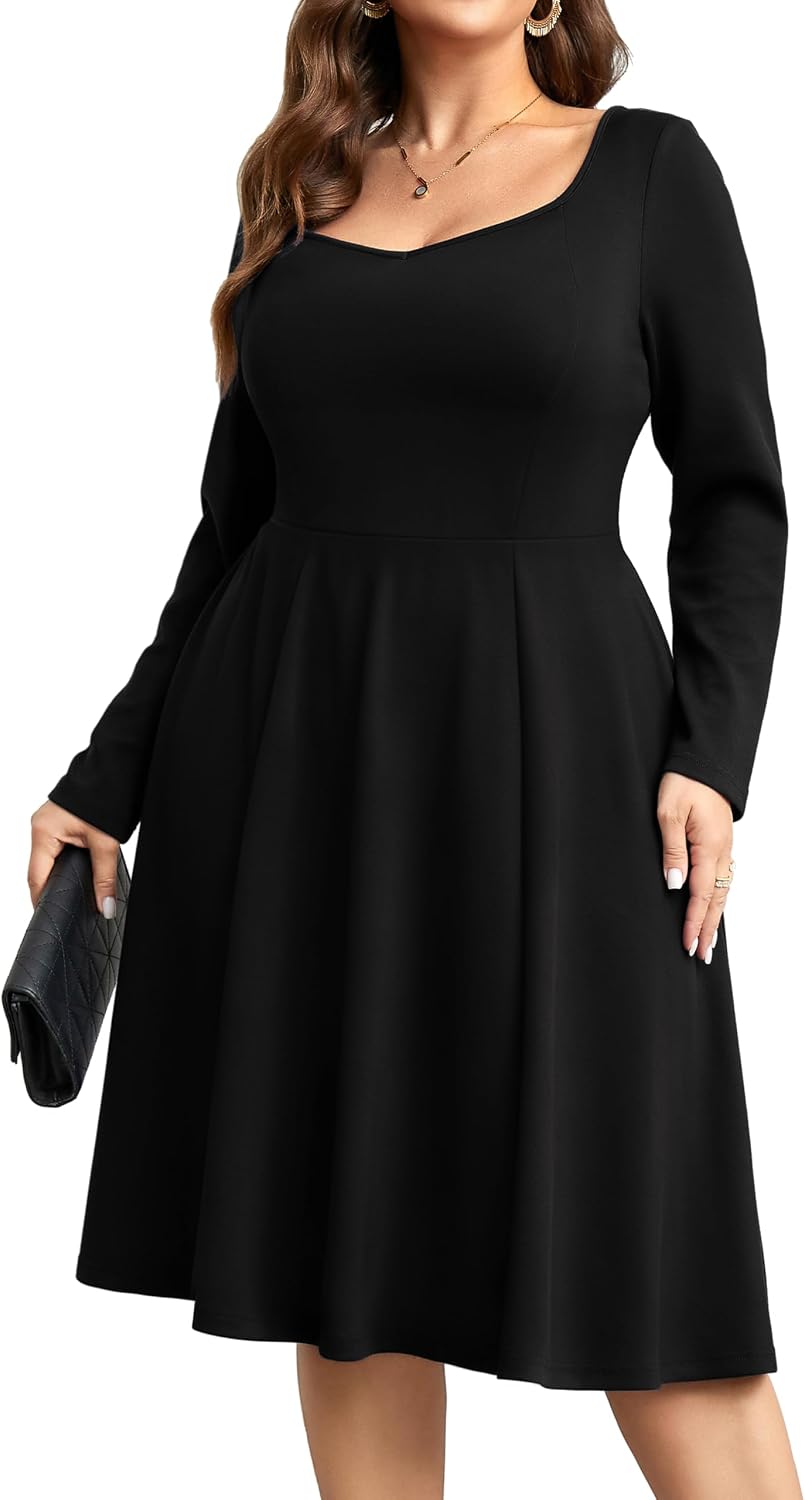 Plus Size Square-Neck Long-Sleeve Midi Dress — Black – RWJ
