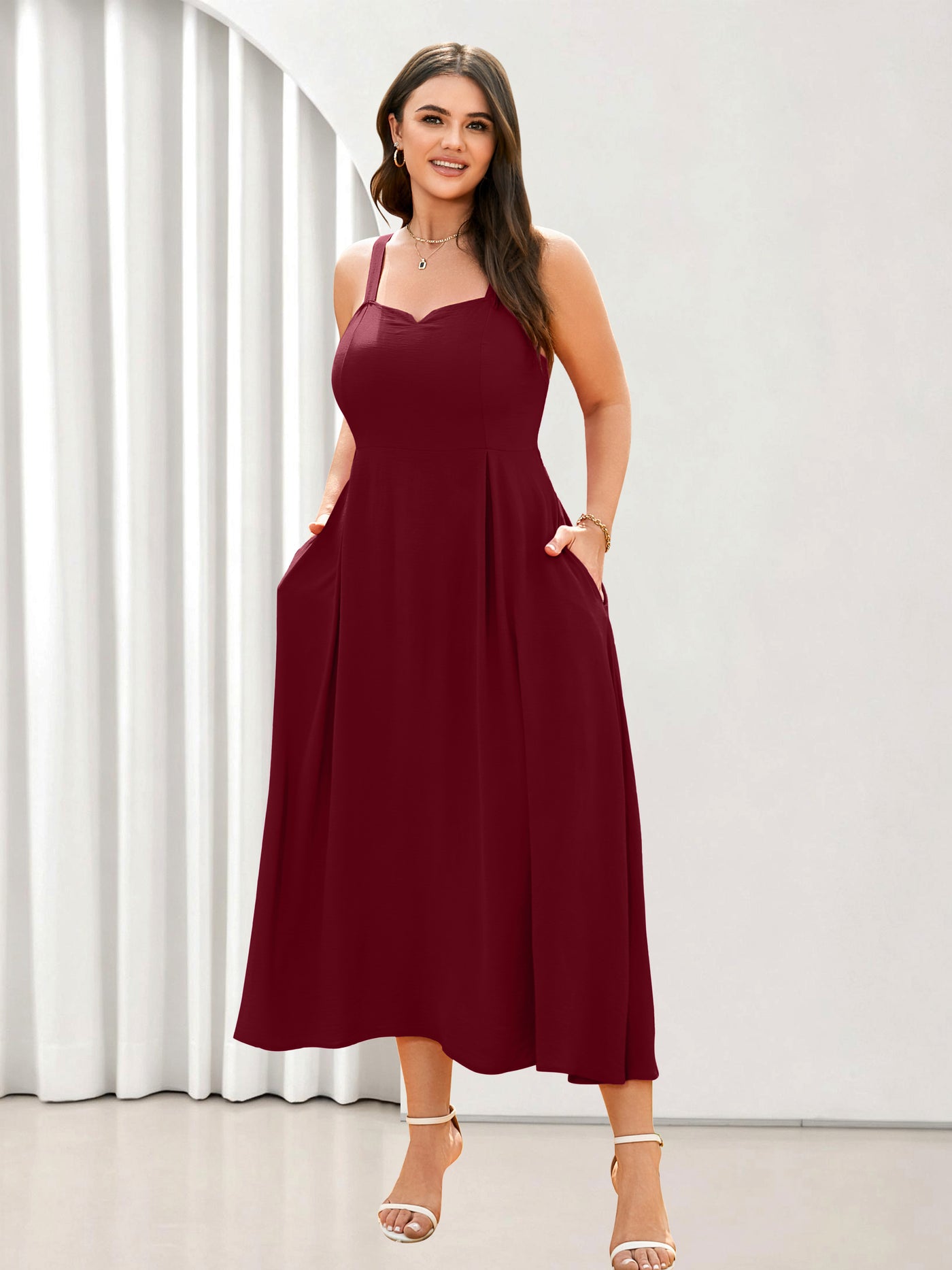 Plus Size Sleeveless Printed Midi Dress — Red