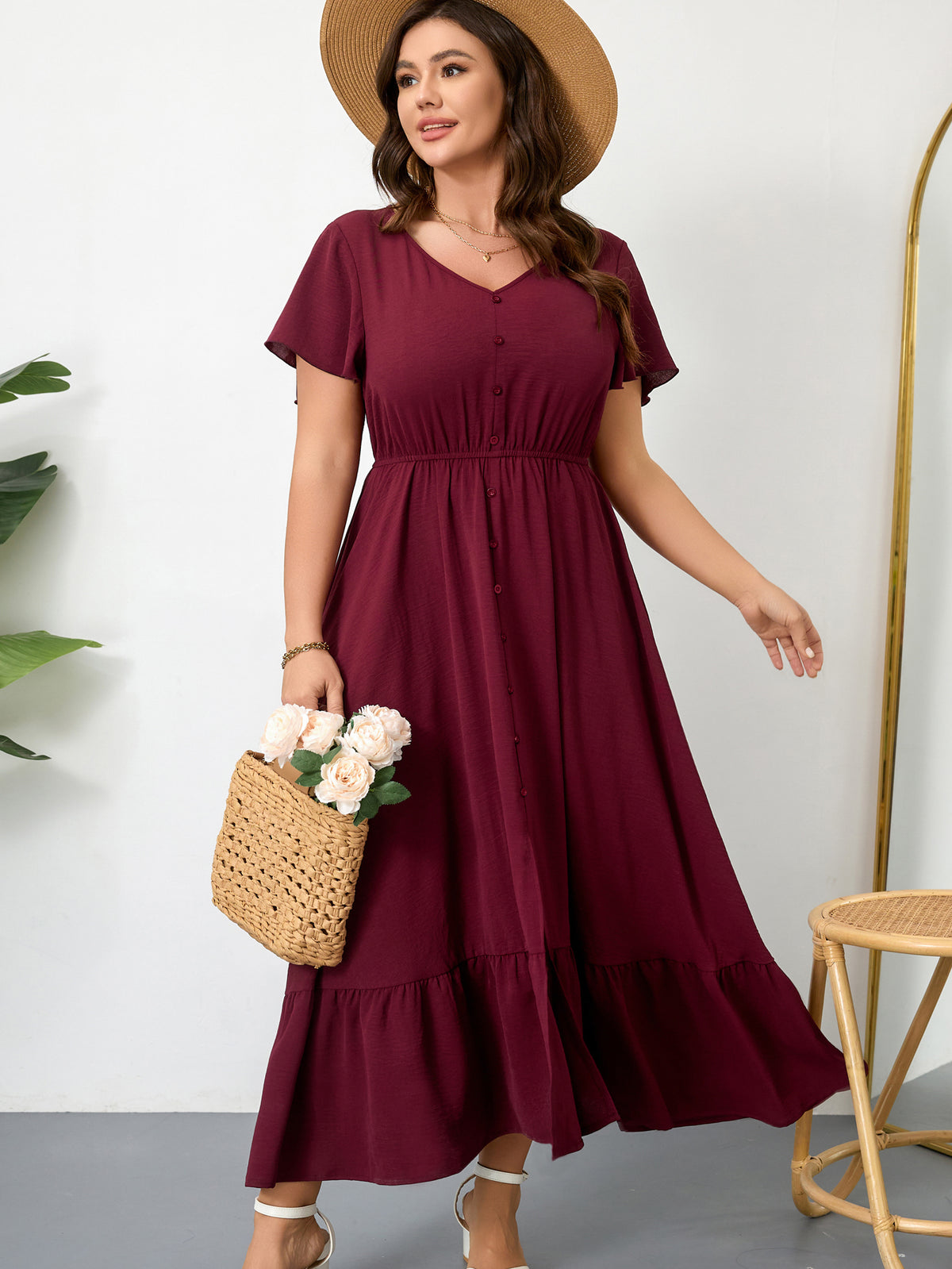 Plus Size Ruffle-Sleeve V-Neck Maxi Dress — Burgundy — 62 (4).jpg