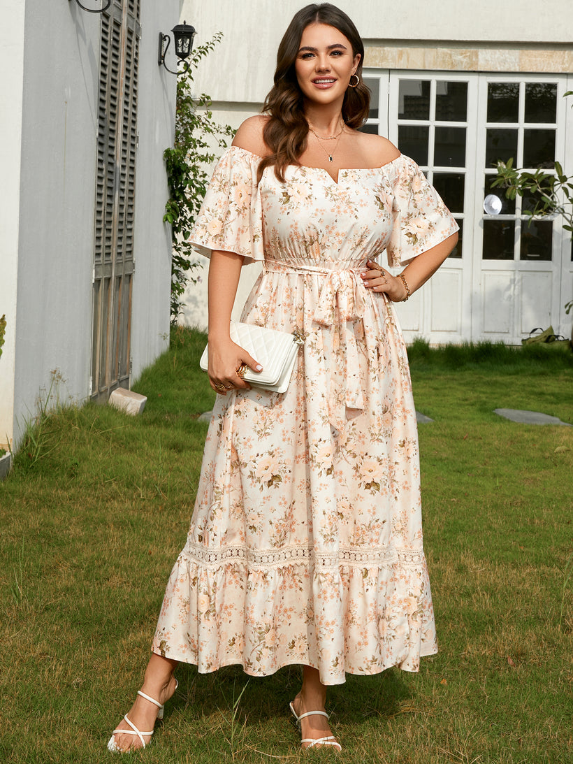 Plus Size Off-Shoulder Floral Maxi Dress — Beige Floral