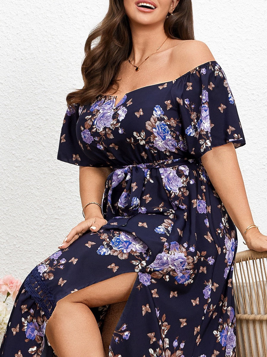 RWJ 6653 blue purple floral dress upper-body detail