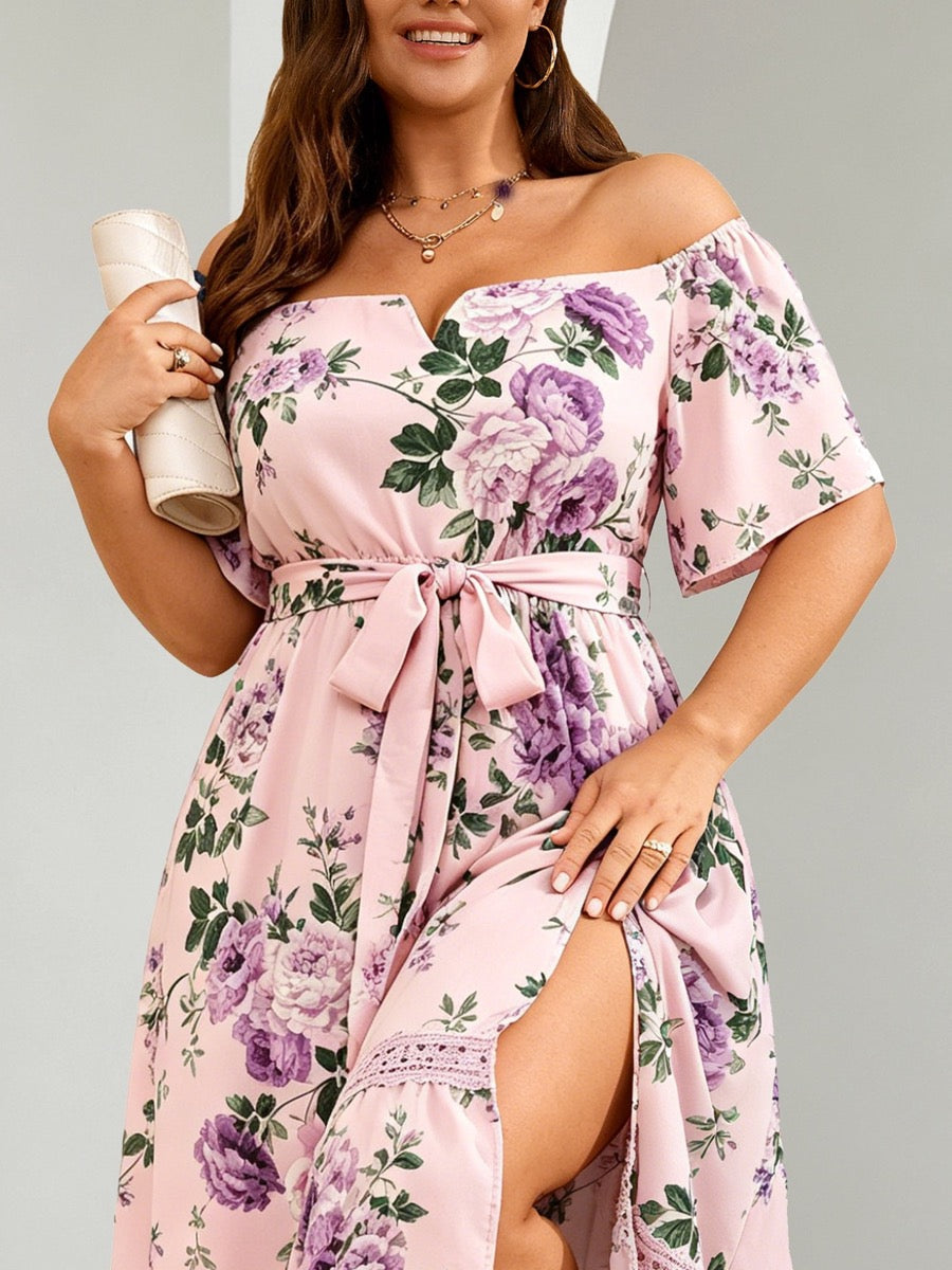 RWJ 6653 pink purple floral dress upper-body detail