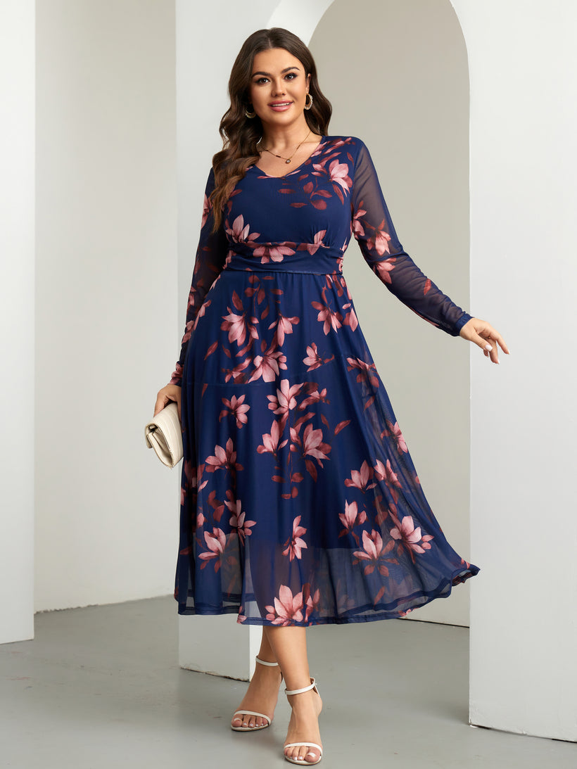 Plus Size Floral Long-Sleeve Maxi Dress — Blue Floral