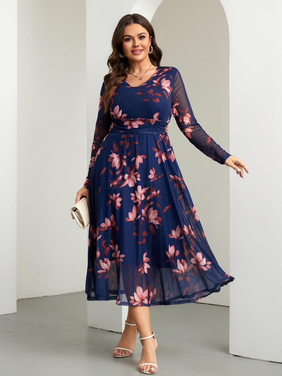 Plus Size Floral Long-Sleeve Maxi Dress — Blue Floral