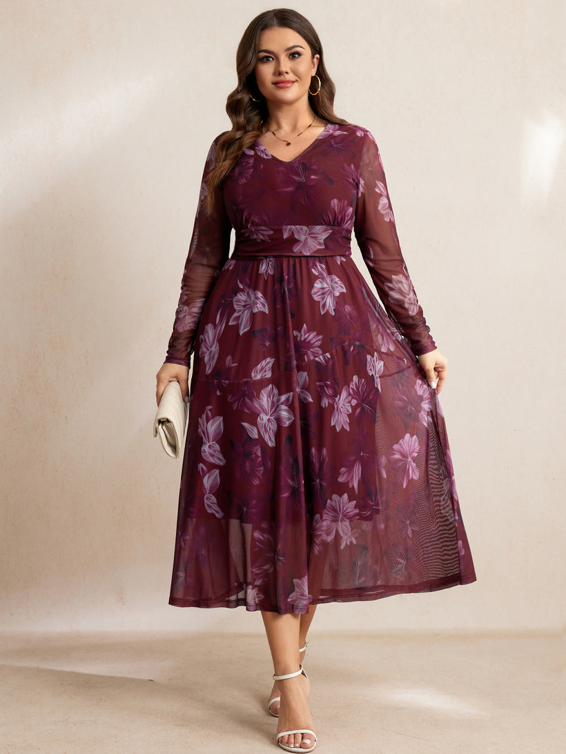 Plus Size Floral Long-Sleeve Maxi Dress — Red Floral
