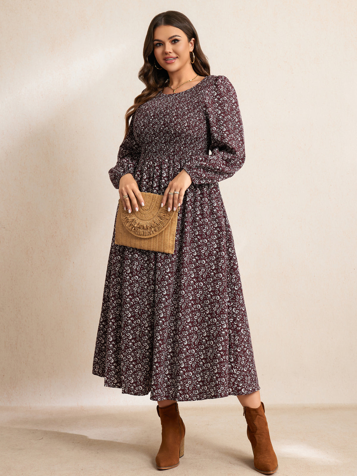 Plus Size Floral Long-Sleeve Maxi Dress — Floral Wine Red