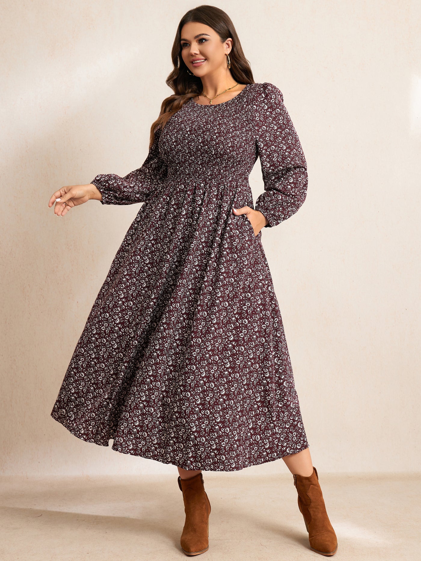 Plus Size Floral Long-Sleeve Maxi Dress — Floral Wine Red