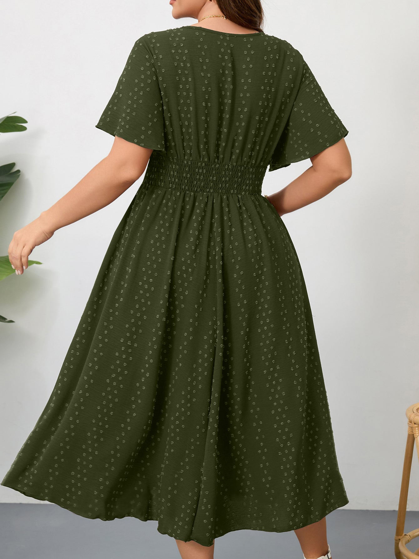 Plus Size Swiss-Dot V-Neck Maxi Dress — Army Green