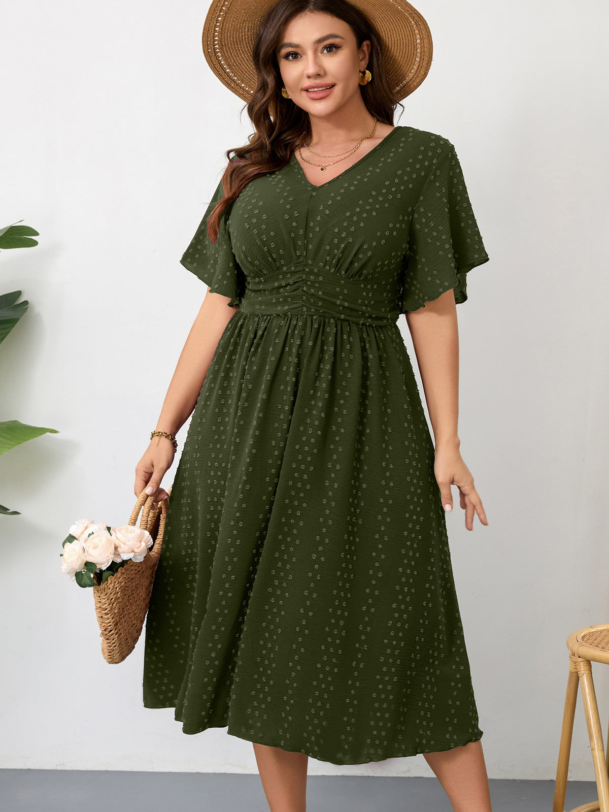 Plus Size Swiss-Dot V-Neck Maxi Dress — Army Green