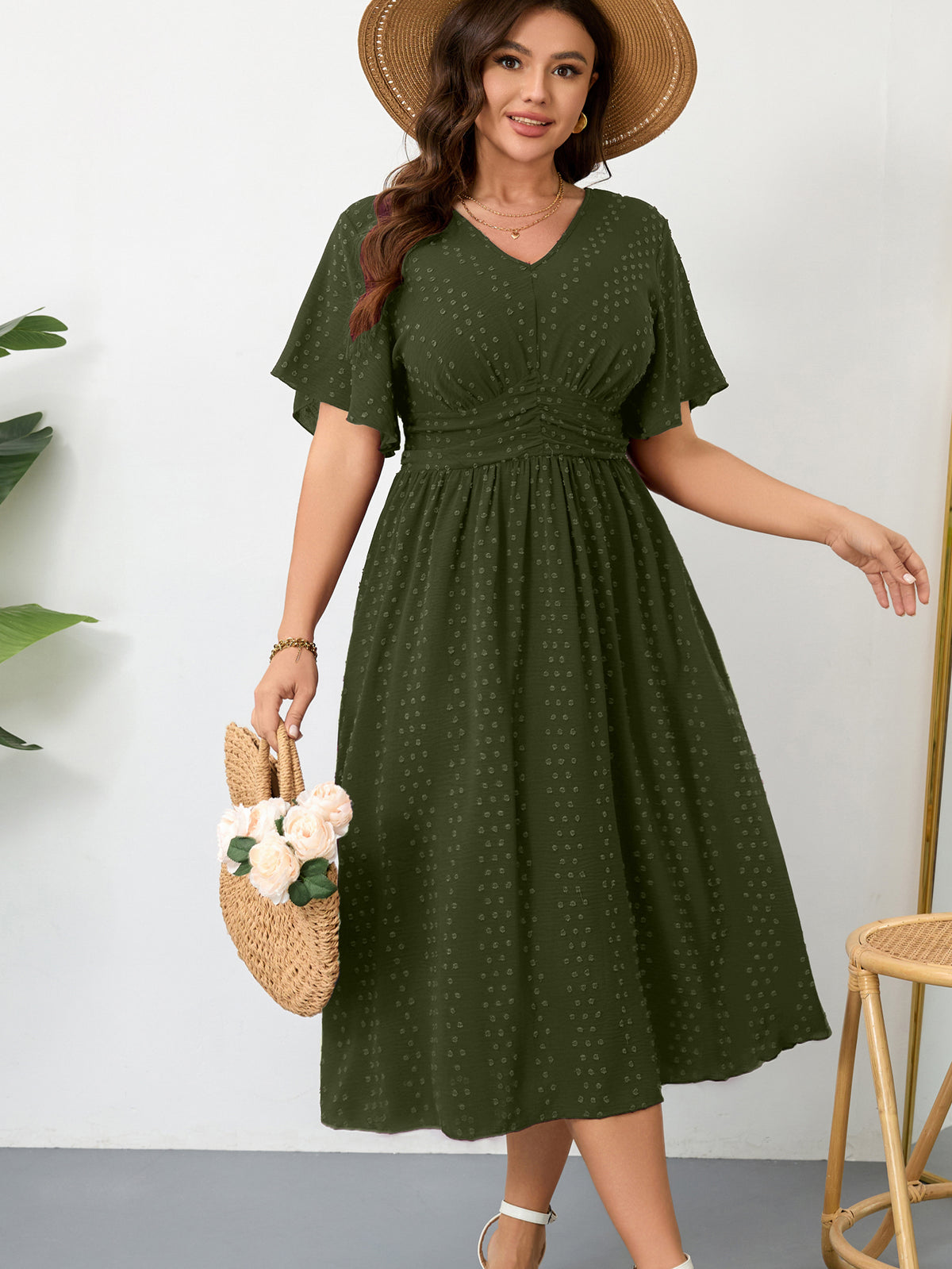 Plus Size Swiss-Dot V-Neck Maxi Dress — Army Green
