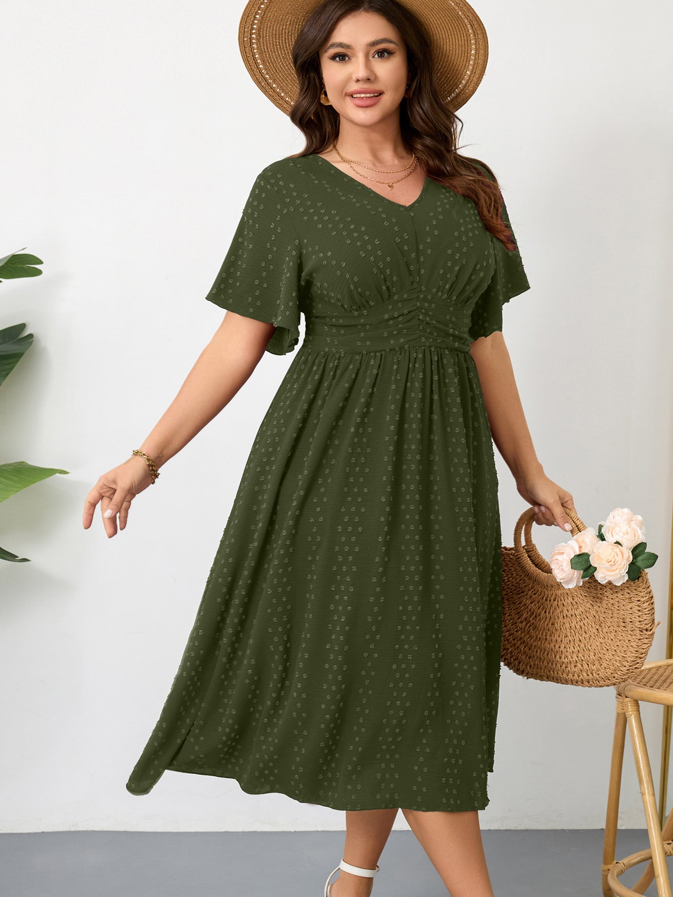 Plus Size Swiss-Dot V-Neck Maxi Dress — Army Green