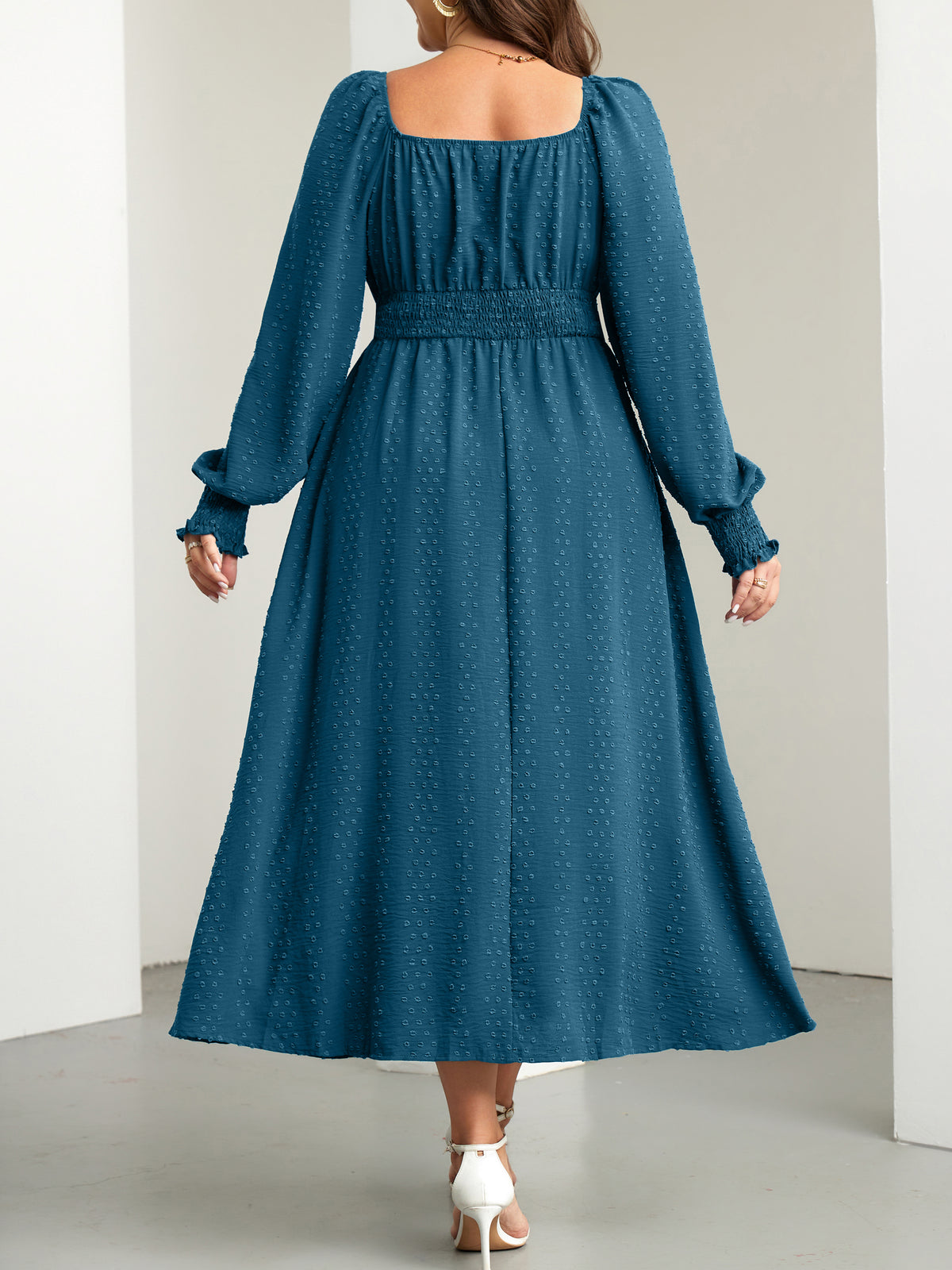 Plus Size Square-Neck Long-Sleeve Maxi Dress — Lake Blue