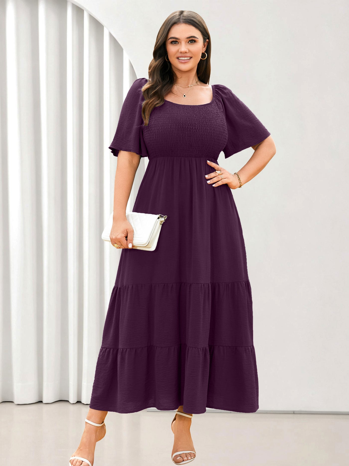 Plus Size Square-Neck Flutter-Sleeve Maxi Dress — Purple