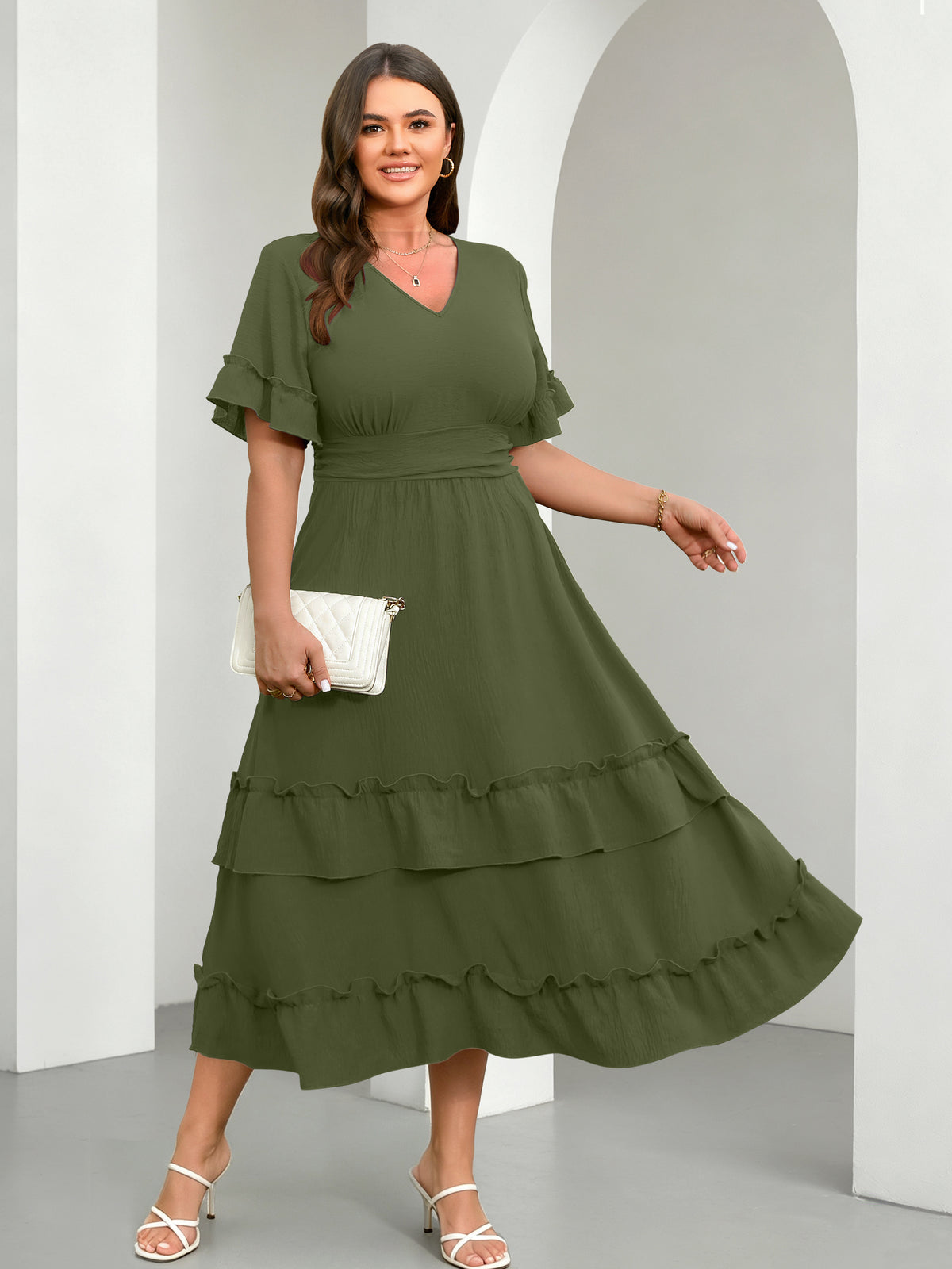 Plus Size Ruffle-Sleeve V-Neck Tiered Maxi Dress — Army Green