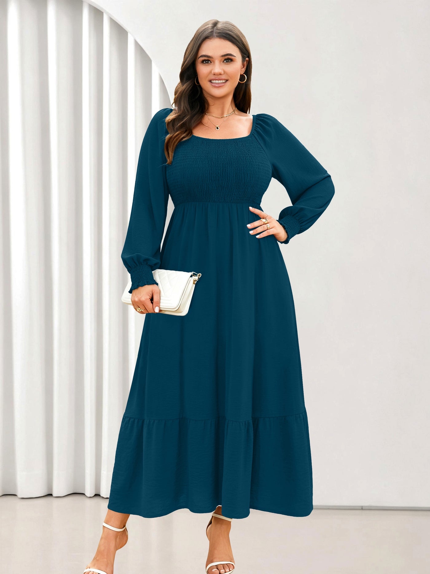Plus Size Floral Long-Sleeve Maxi Dress — Lake Blue