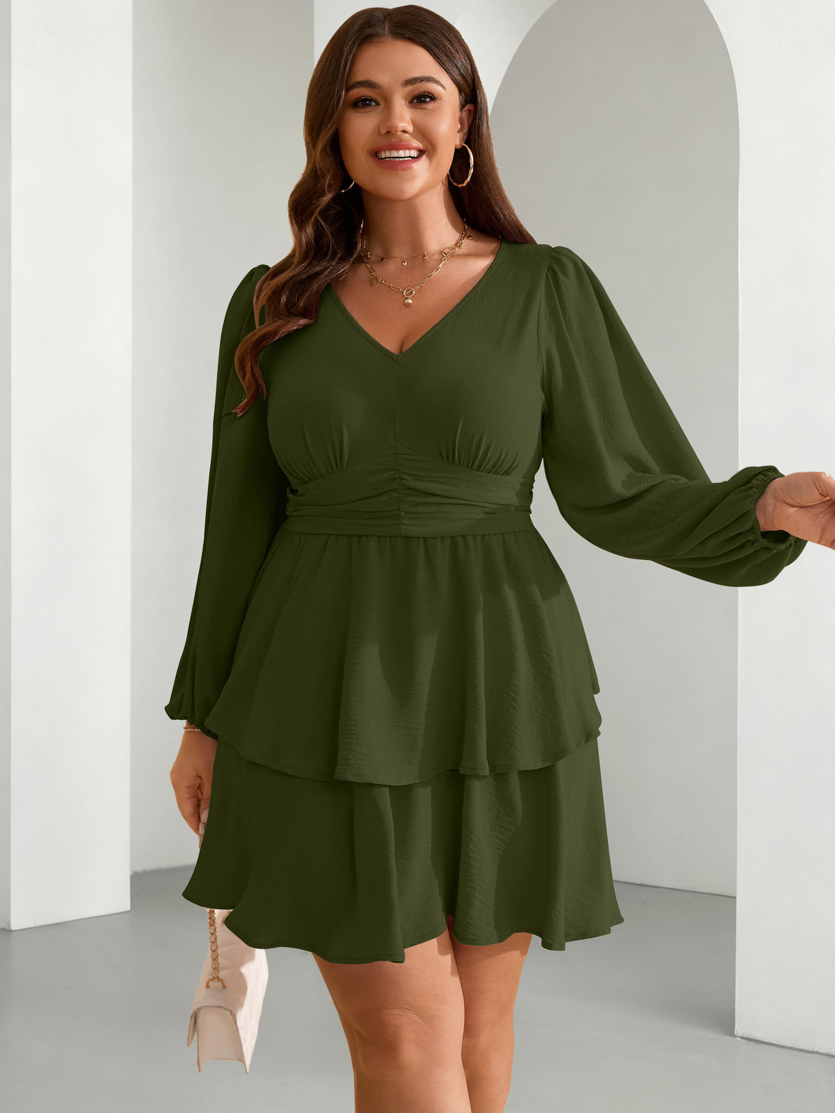 Plus Size V-Neck Tiered Mini Dress — Army Green
