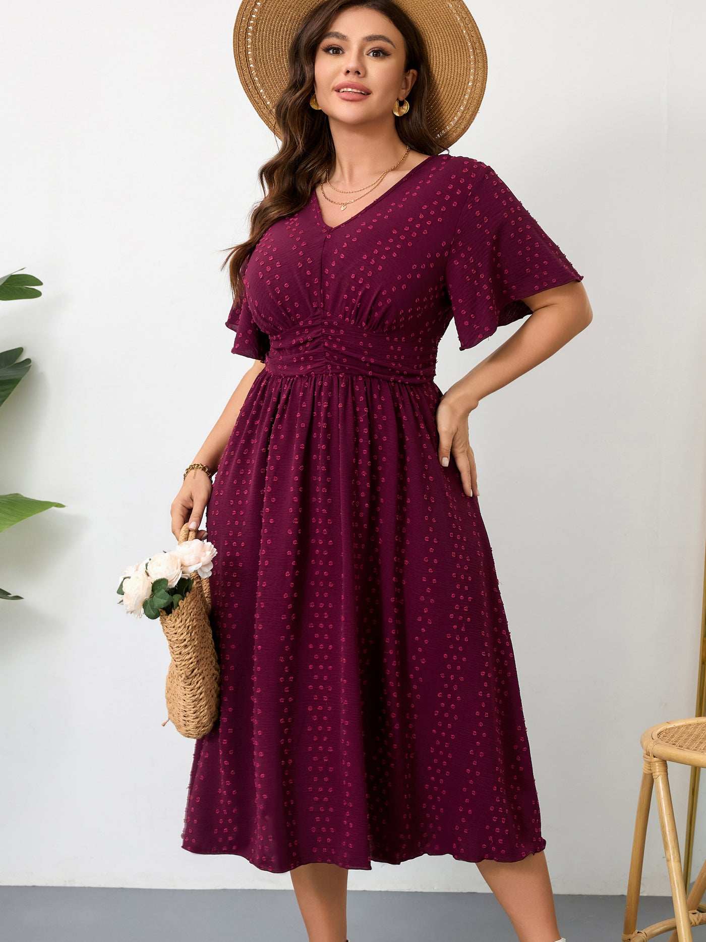 Plus Size Swiss-Dot V-Neck Maxi Dress — Wine red