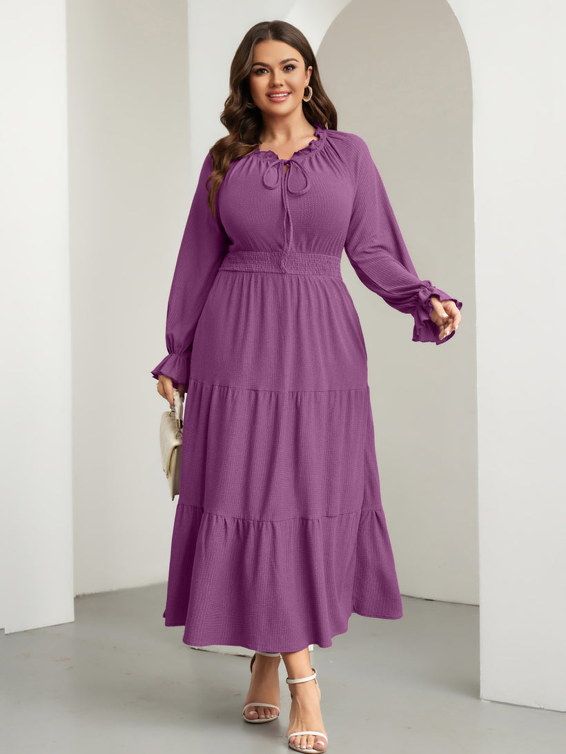 Plus Size Tie V-Neck Puff-Sleeve Maxi Dress — Purple