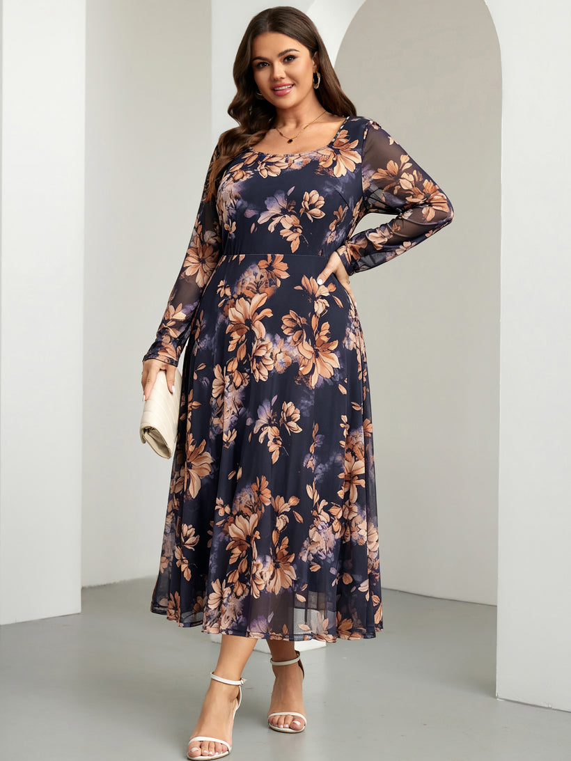 Plus Size Floral Mesh Long-Sleeve Mini Dress — Navy Blue Floral