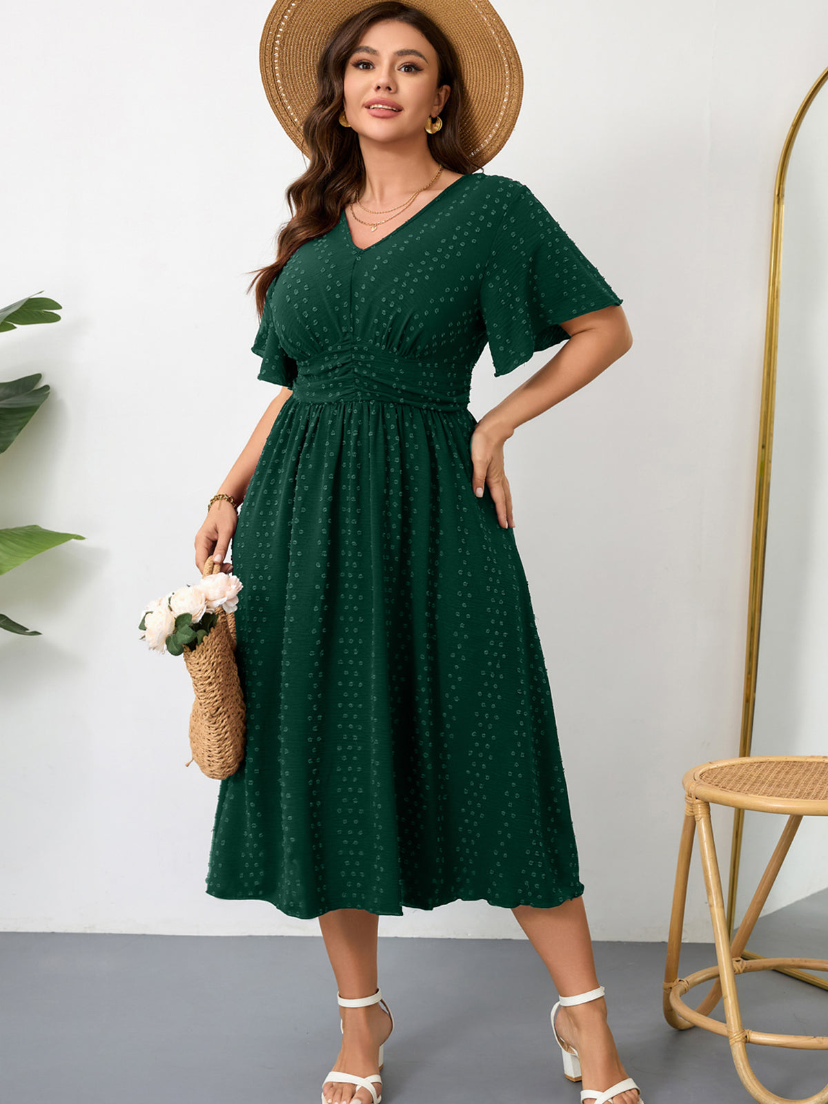 Plus Size Swiss-Dot V-Neck Maxi Dress — Green