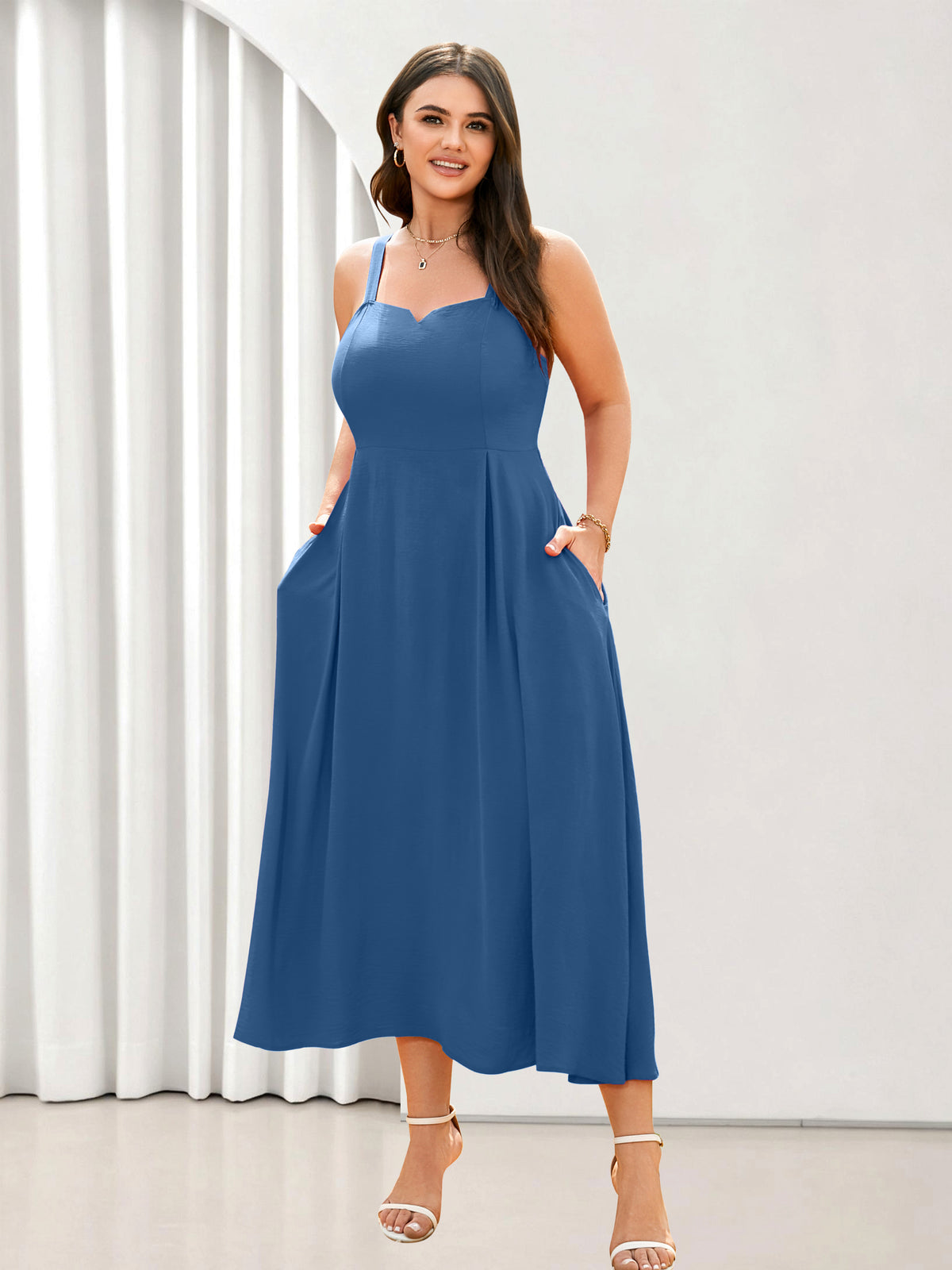 Plus Size Sleeveless Printed Midi Dress — Dusty Blue