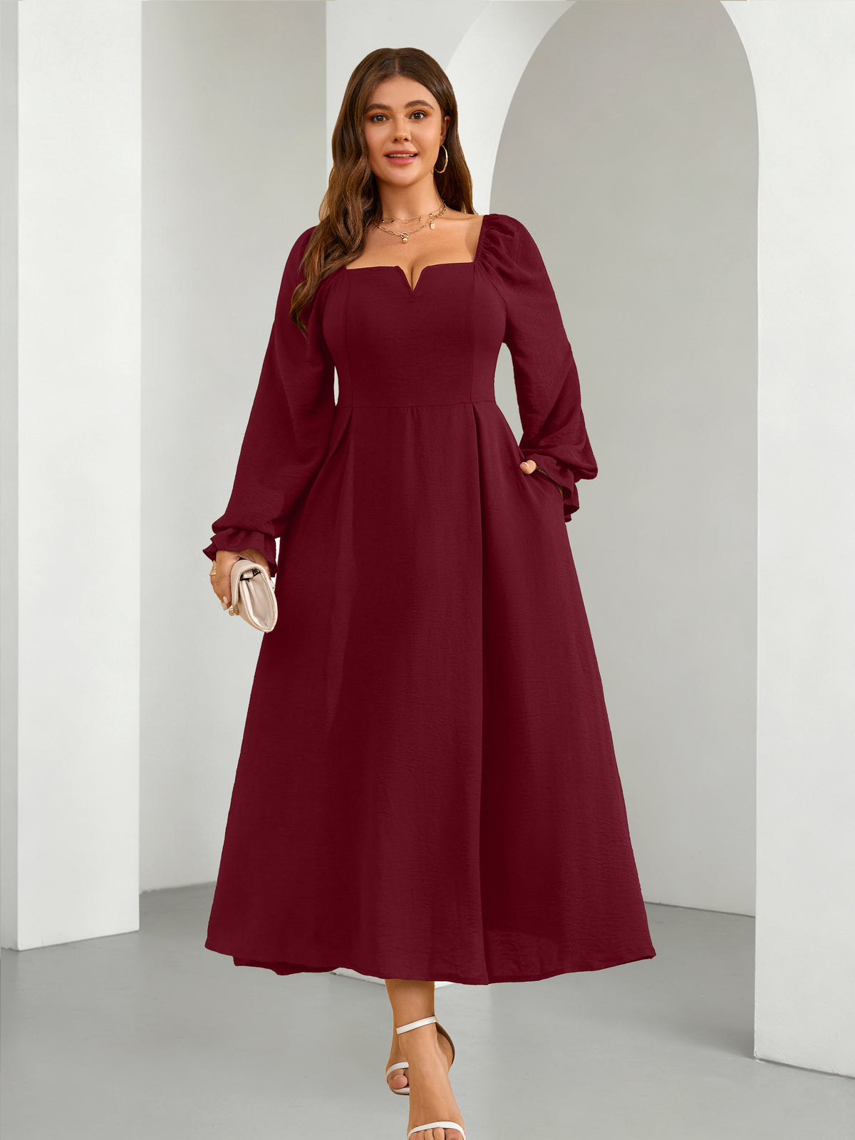 Plus Size Square-Neck Long-Sleeve Maxi Dress — Burgundy