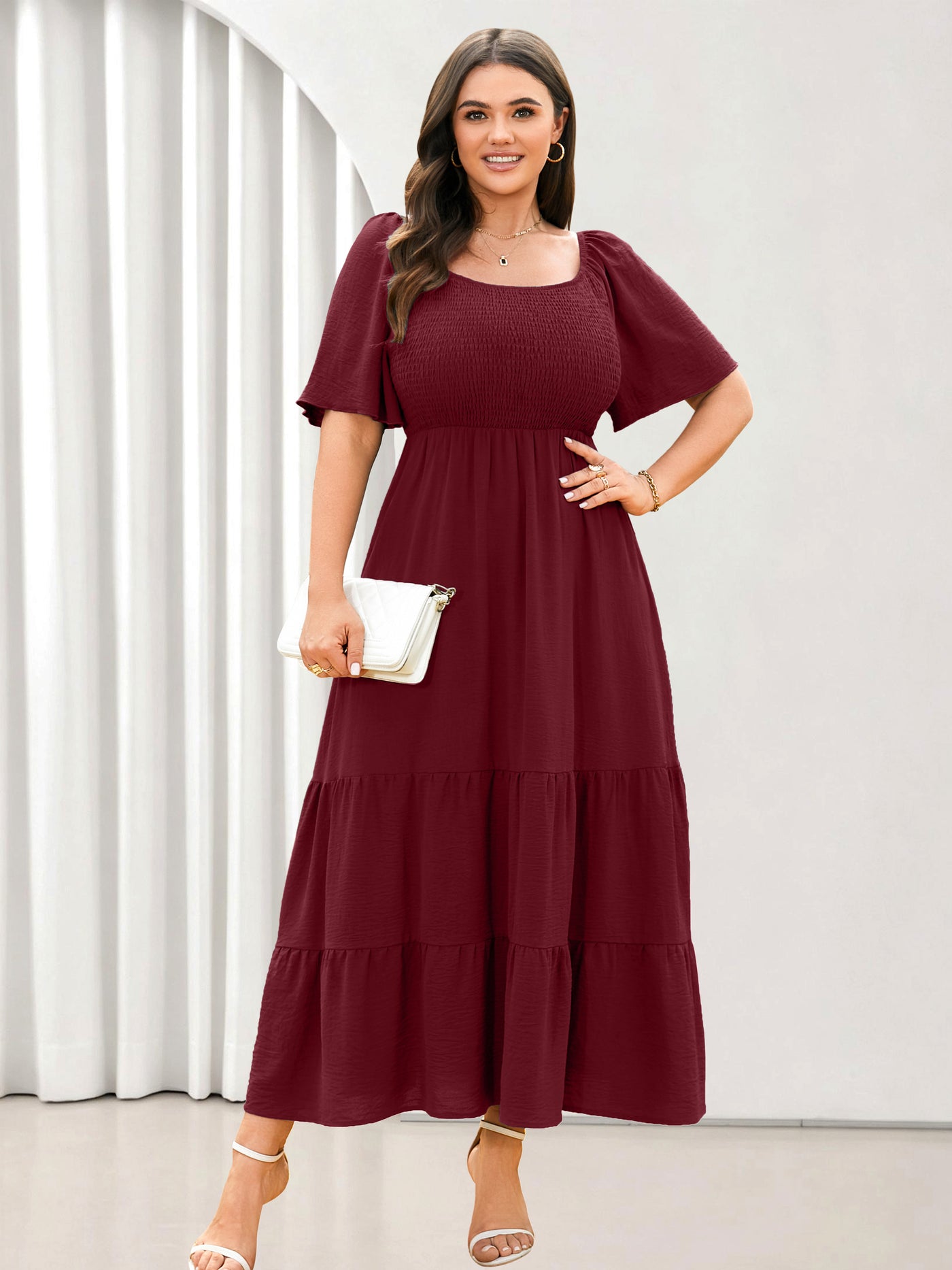 Plus Size Square-Neck Flutter-Sleeve Maxi Dress — Burgundy