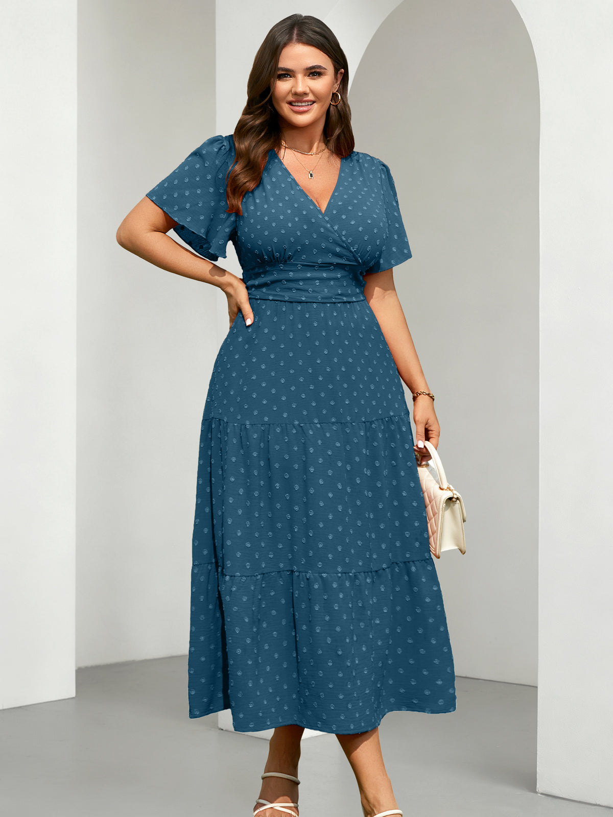 Plus Size Swiss-Dot V-Neck Maxi Dress — Dusty Blue