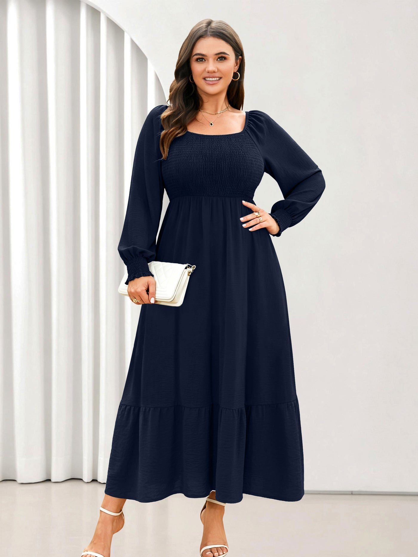 Plus Size Floral Long-Sleeve Maxi Dress — Navy Blue