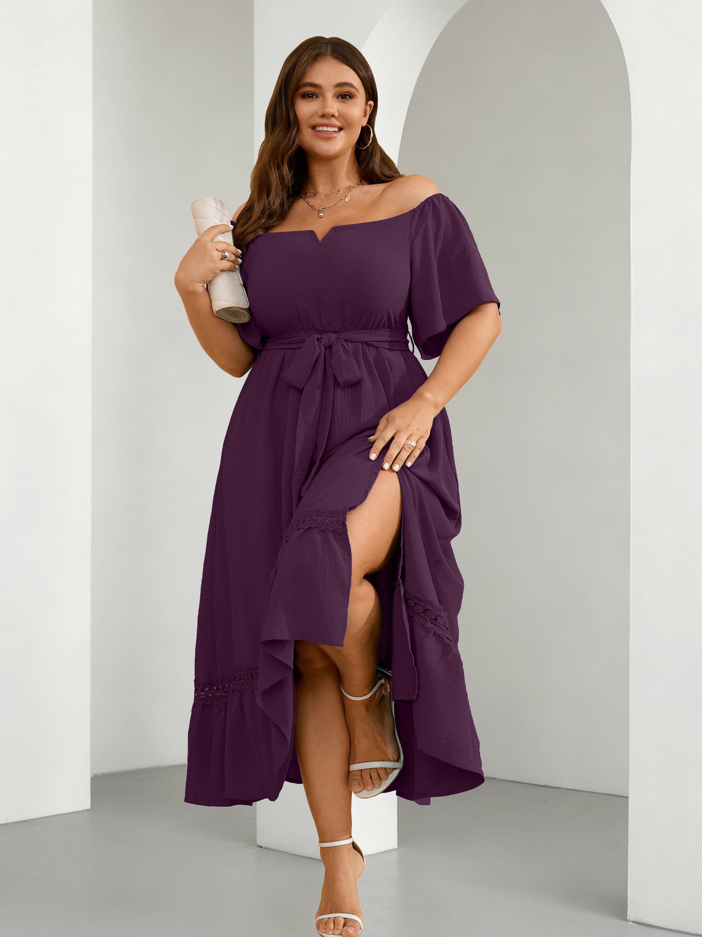 Plus Size Off-Shoulder Floral Maxi Dress — Purple