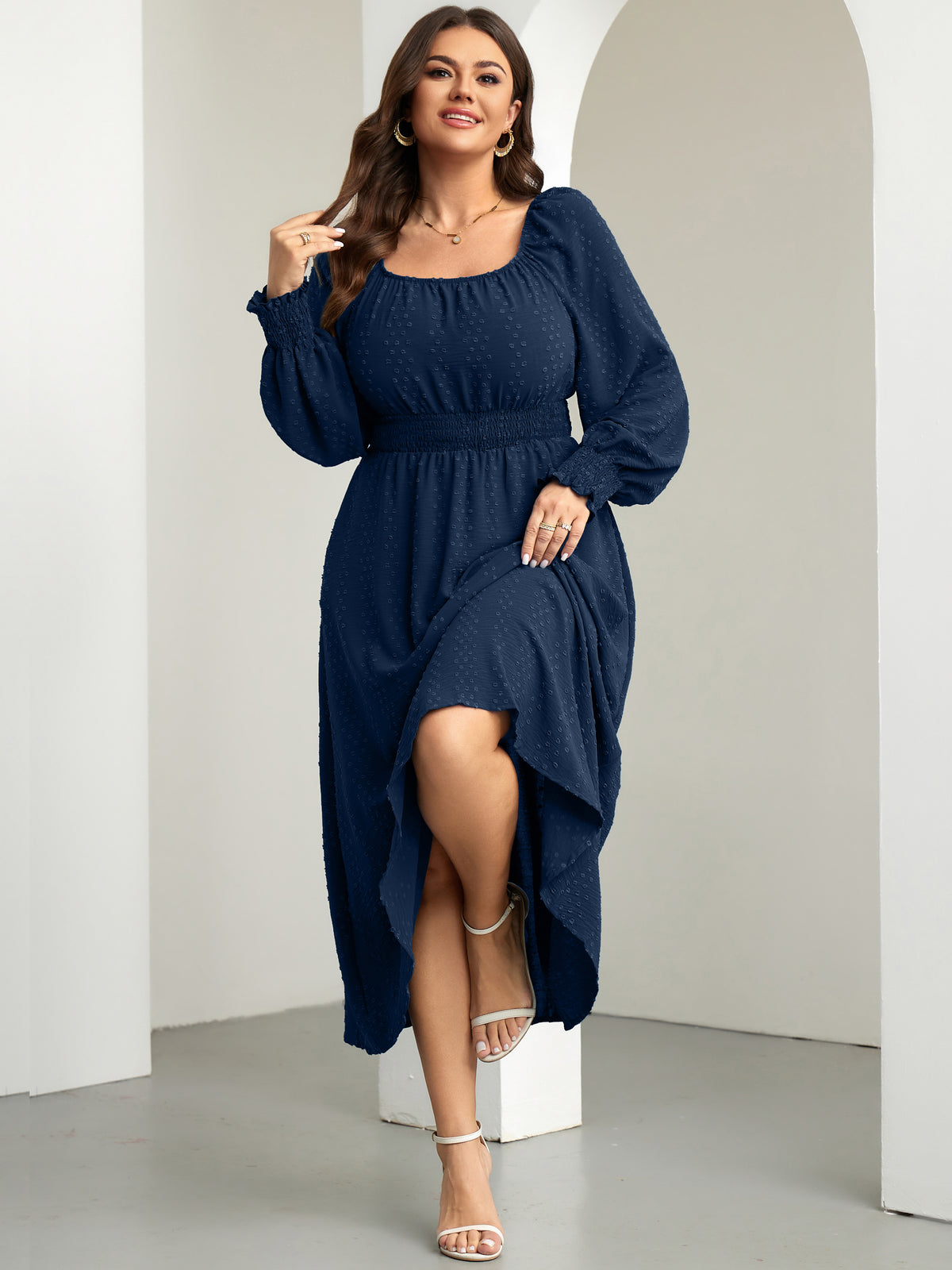 Plus Size Square-Neck Long-Sleeve Maxi Dress — Navy Blue