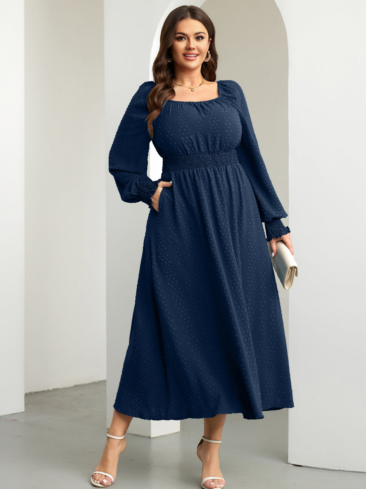 Plus Size Square-Neck Long-Sleeve Maxi Dress — Navy Blue