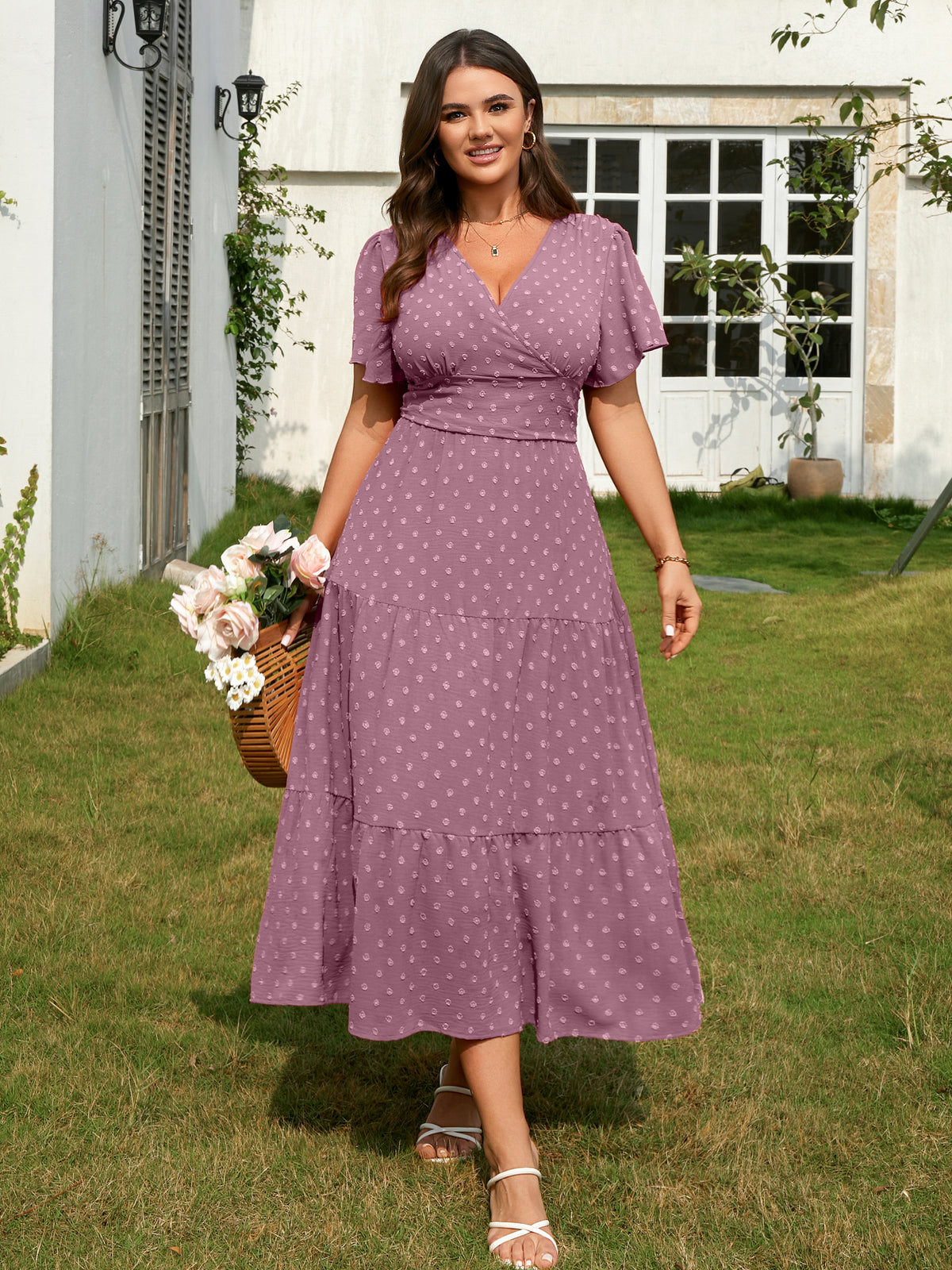 Plus Size Swiss-Dot V-Neck Maxi Dress — Purple