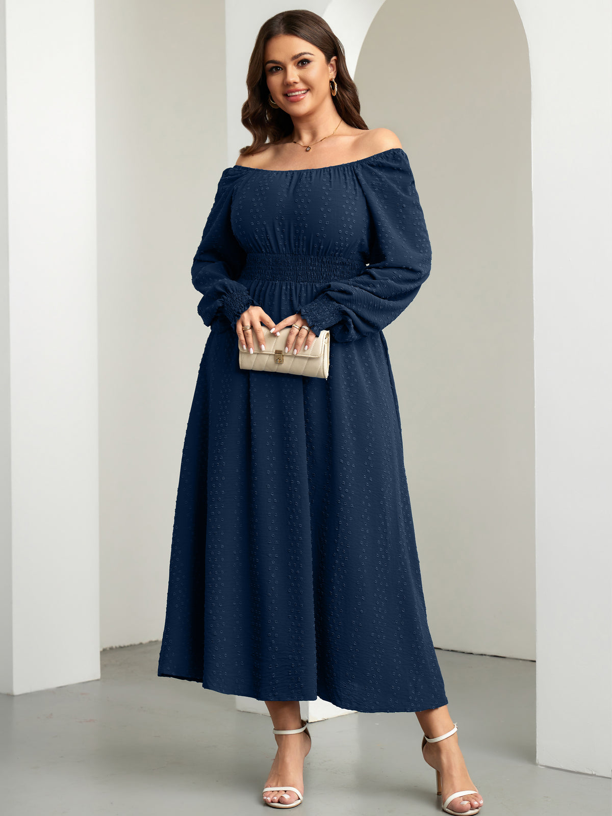 Plus Size Square-Neck Long-Sleeve Maxi Dress — Navy Blue