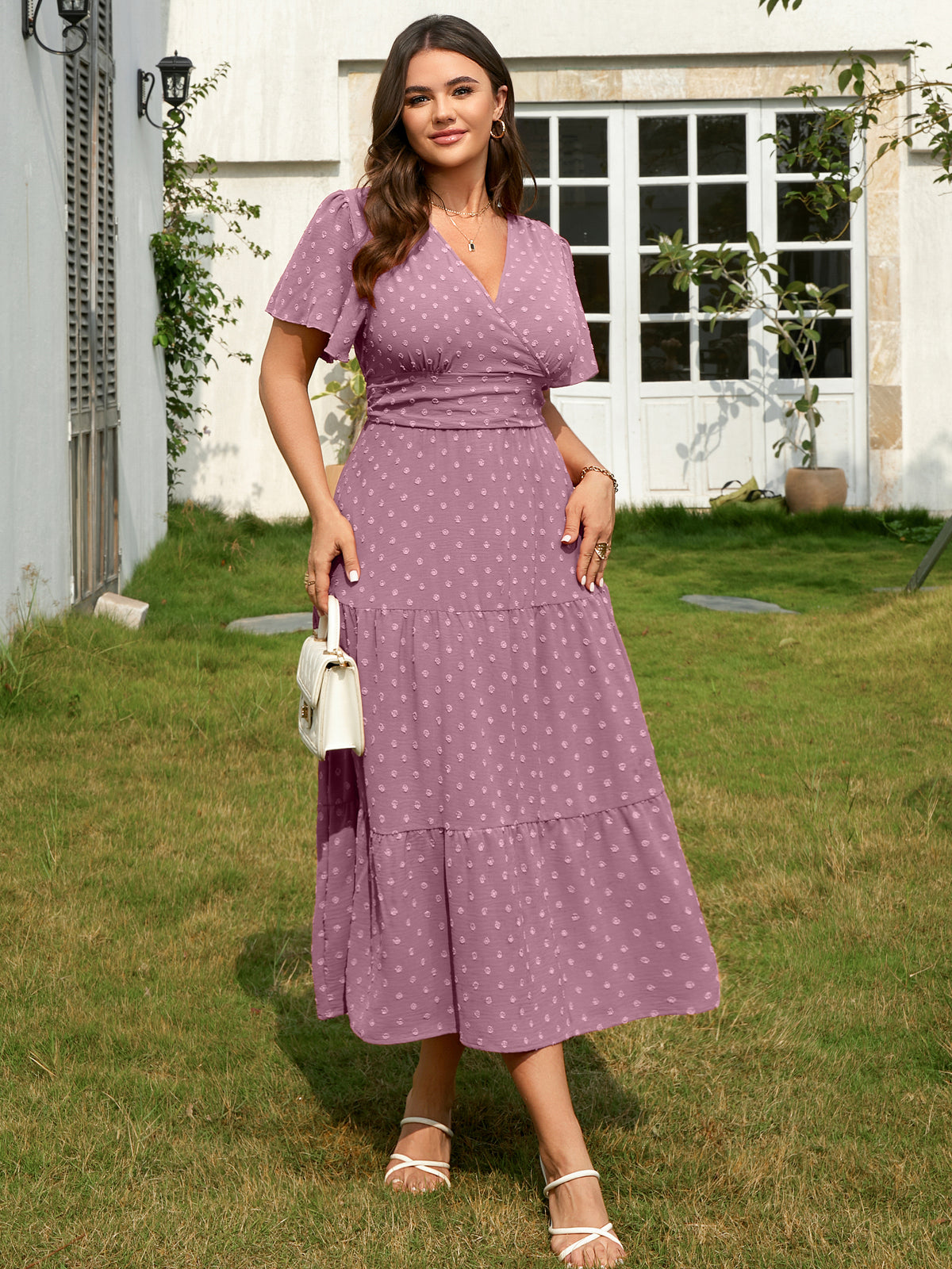 Plus Size Swiss-Dot V-Neck Maxi Dress — Purple
