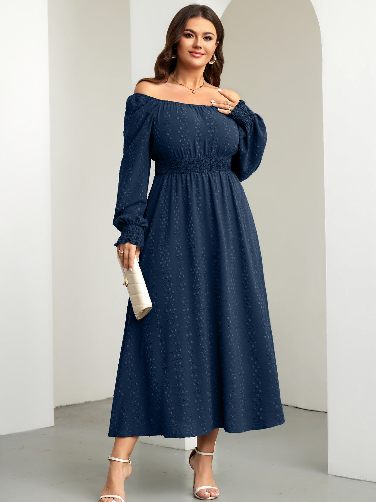 Plus Size Square-Neck Long-Sleeve Maxi Dress — Navy Blue